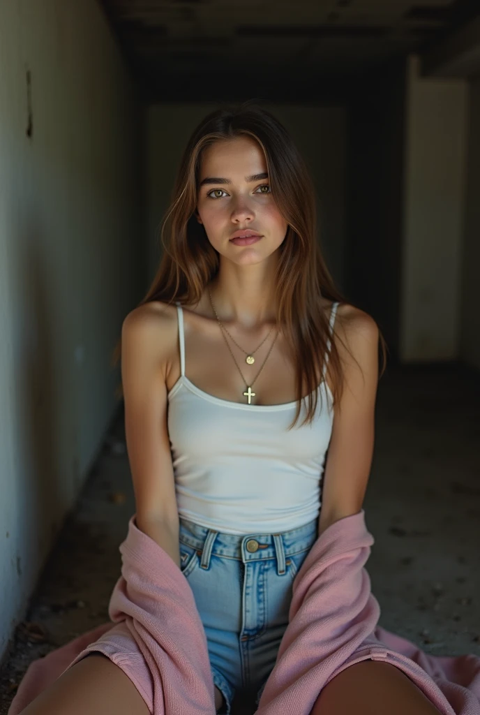 A beautiful european girl with brown eyes and brunette hair, ((taking t-shirt off with hands:1.3)), perfect body, dark romantic atmosphere, flirting, Ultra high resolution, (photorealistic: 1.4), high resolution, (brown eyes), (perfect proportions) (photo realistic) (masterpiece) (photorealistic), ultrarealistic (Best Quality) (Detailed) photographed in a Canon EOS R5, 50mm Lens, F/2.8, (8K) (Wallpaper) (Convoluted) Fashion