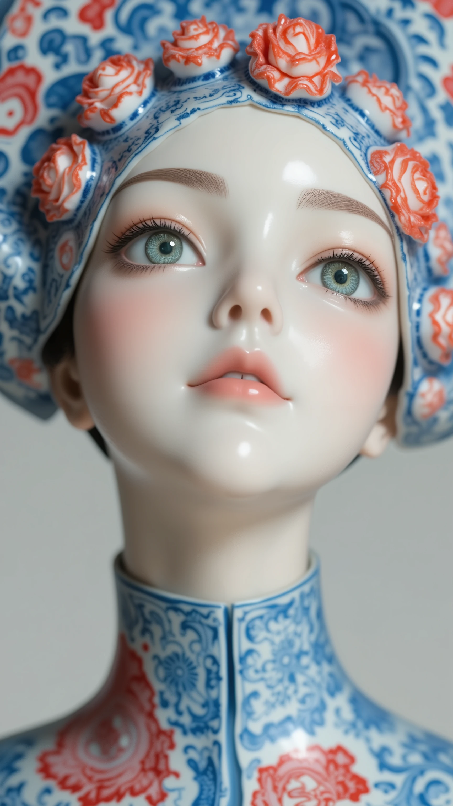 A close-up of a porcelain sculpture. The face is smooth and pale, featuring delicate features with full lips and a slight blush on the cheeks. The eyes are light green, holding an intense gaze. The head is adorned with intricate red floral patterns and (three-dimensional rose flowers), resembling traditional blue-and-white porcelain designs. The design wraps around the neck and shoulders, enhancing the sculpture's artistic appearance. The background is simple and unobtrusive, allowing the figure to stand out prominently.