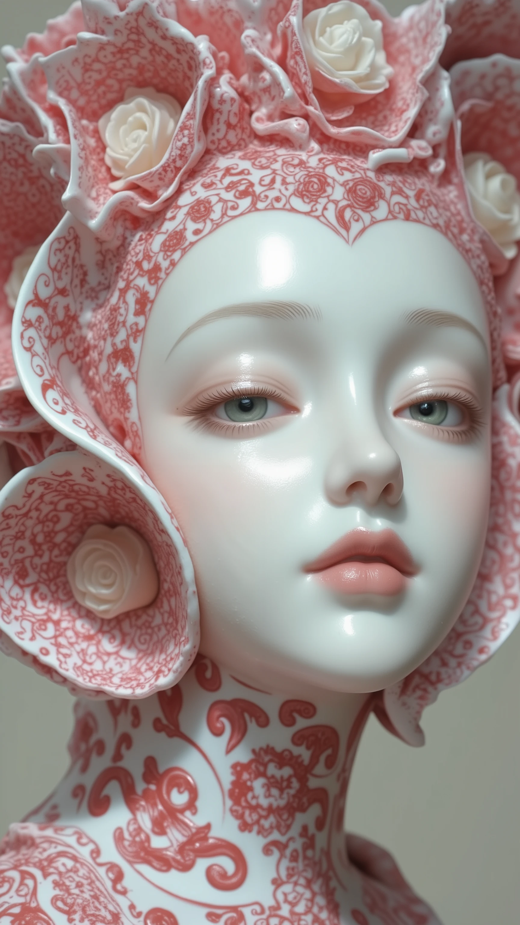 A close-up of a porcelain sculpture. The face is smooth and pale, featuring delicate features with full lips and a slight blush on the cheeks. The eyes are light green, holding an intense gaze. The head is adorned with intricate red floral patterns and (three-dimensional rose flowers), resembling traditional blue-and-white porcelain designs. The design wraps around the neck and shoulders, enhancing the sculpture's artistic appearance. The background is simple and unobtrusive, allowing the figure to stand out prominently.