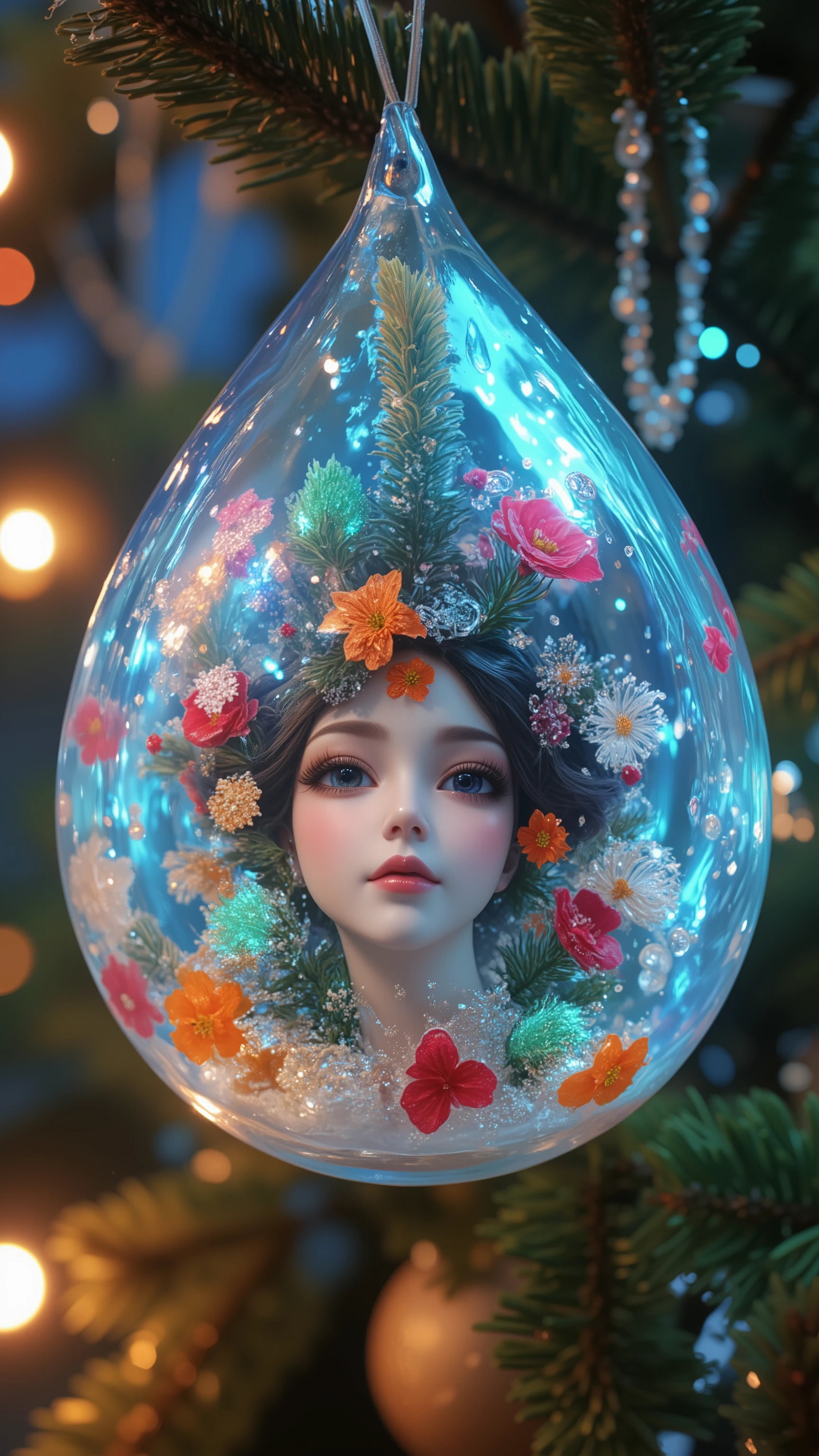 christmas tree toy, transparent glass ball, fantasy, realistic tinker bell full high inside, new year, stiletto, snow-white face, clear facial features, realism, intricate details, natural lighting, colorful, professional photo, ultra sharp