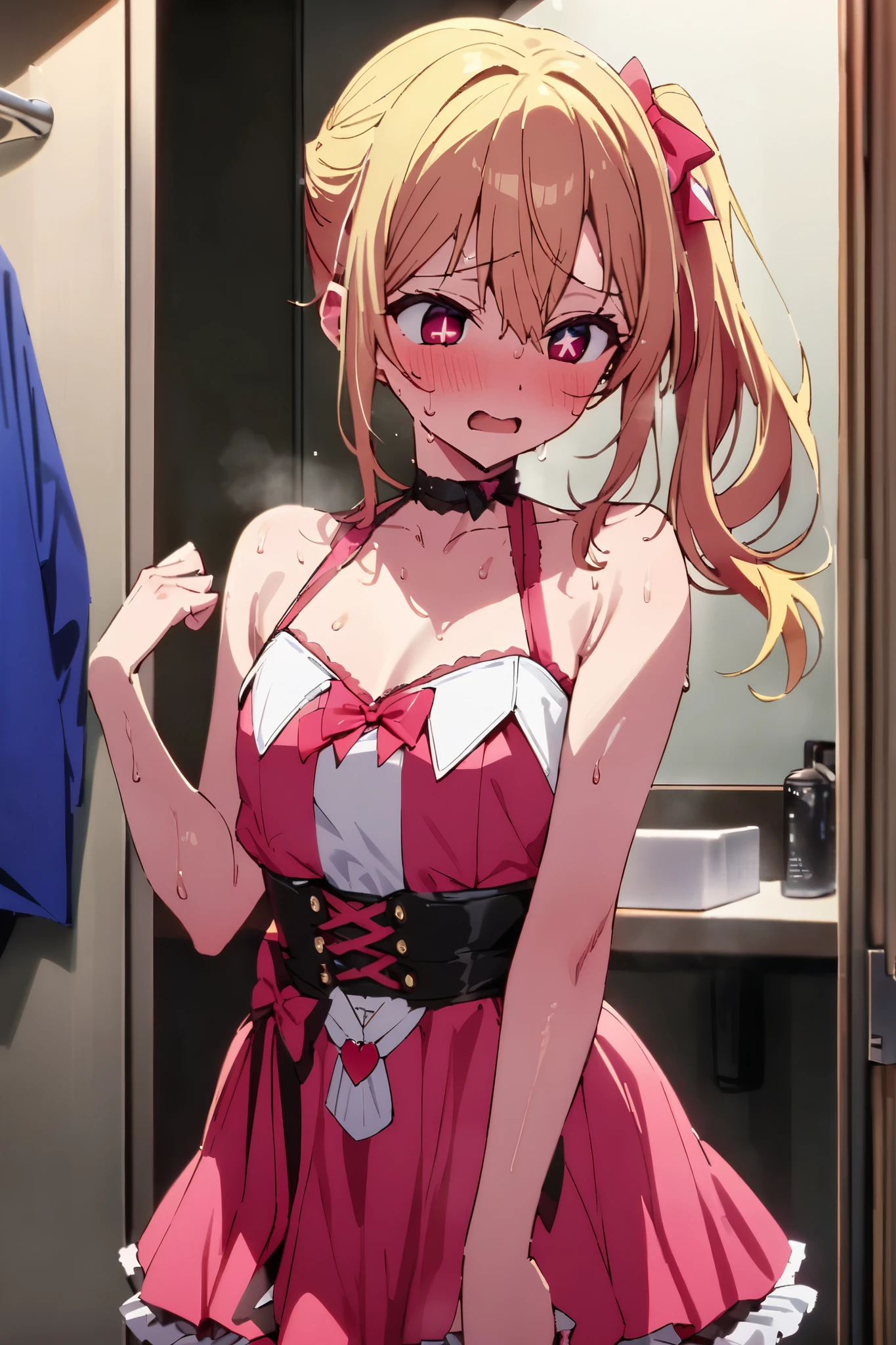 NSFW,masterpiece, top quality , high res, very detailed,Hoshino Ruby\(My Favorite \),Star-shaped pupils, long hair, side ponytail,Blonde,Idol,dressing room,sweat