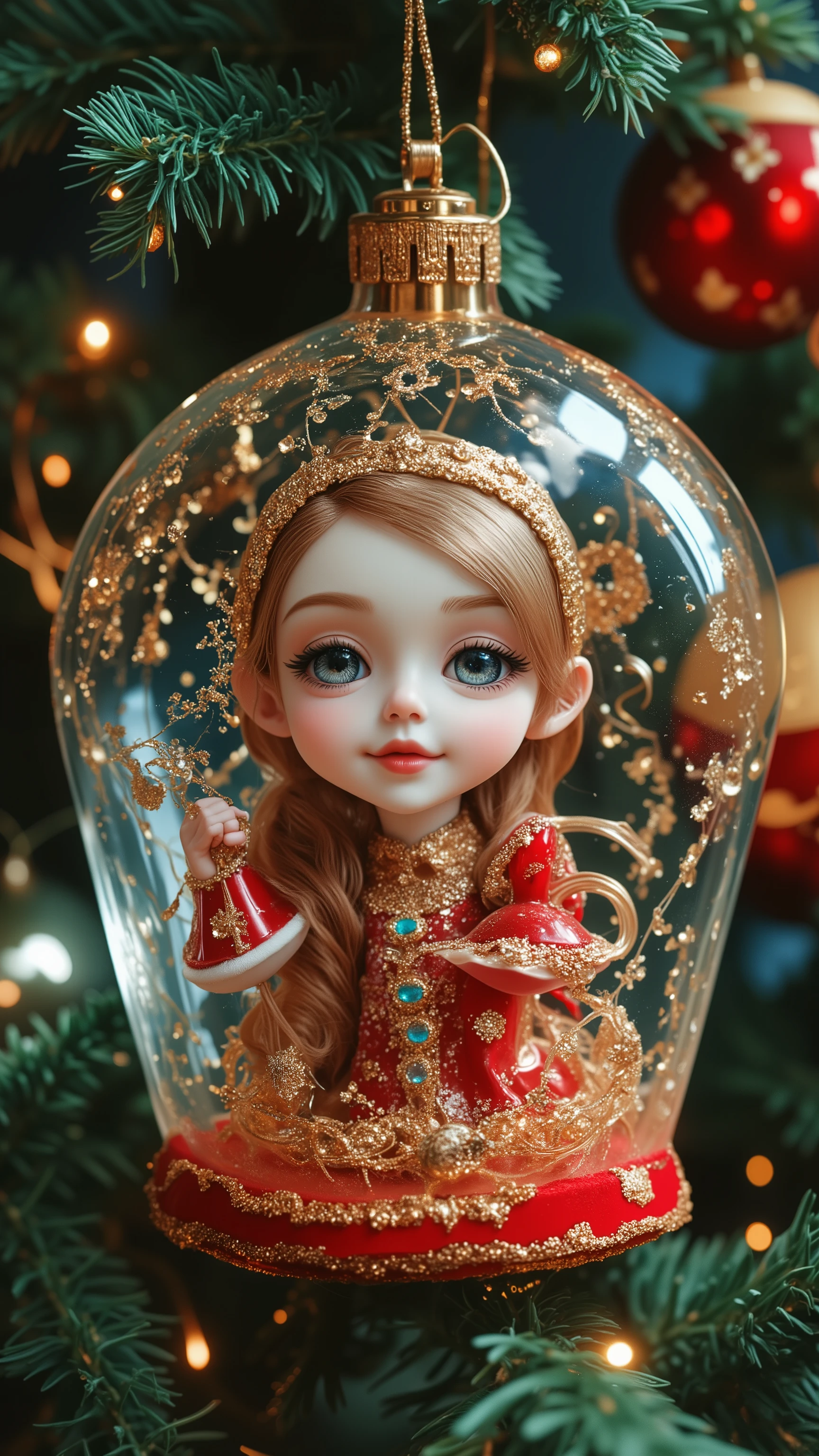 christmas tree toy, transparent glass ball, fantasy, realistic tinker bell full high inside, new year, stiletto, snow-white face, clear facial features, realism, intricate details, natural lighting, colorful, professional photo, ultra sharp