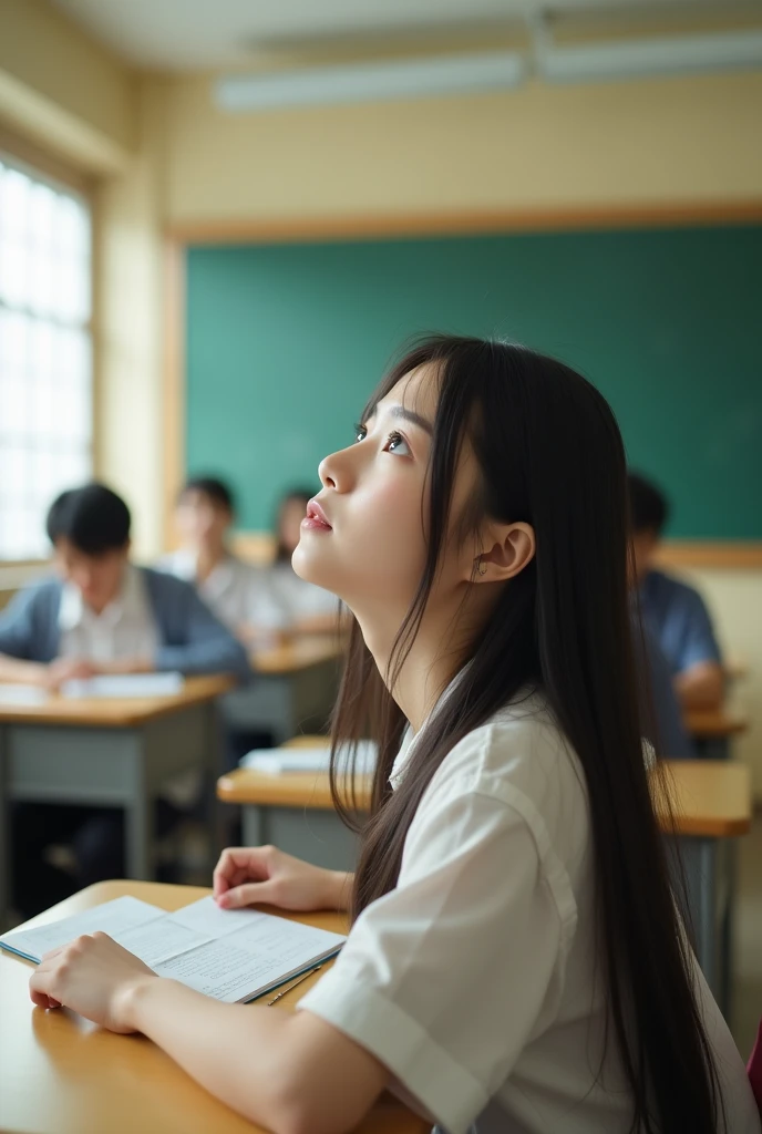 Photorealistic, high-quality 32k photo　Top quality,  Japanese women,plain girl Japanese high school student　Age 15　Resting in the classroom　looking up　round face　thin lips　straight hair　 taken from behind