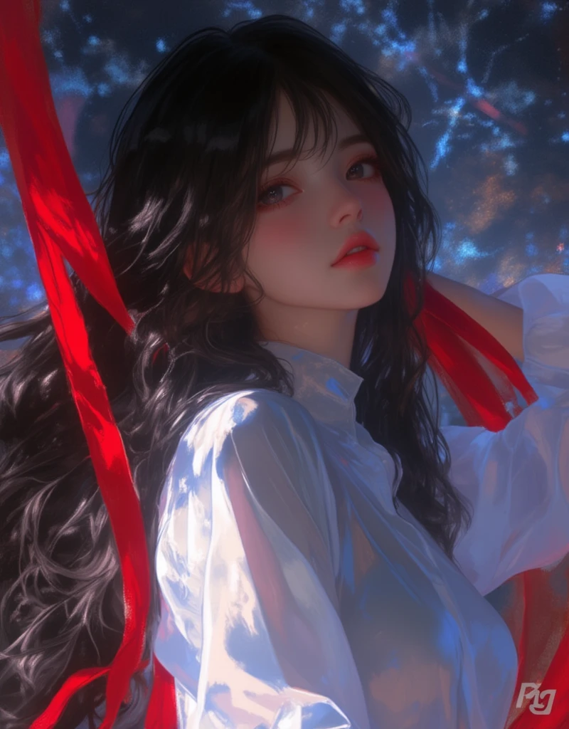 anime girl with long black hair and white shirt holding a red ribbon, hinata hyuga, she has black hair with bangs, junko enoshima, iwakura lain, shikamimi, shirabii, an anime drawing inspired by Miwa Komatsu, tumblr, a-1 pictures, rei hiroe, kimi takemura, as an anime character, abstract