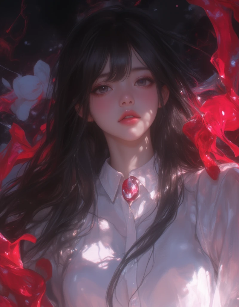 anime girl with long black hair and white shirt holding a red ribbon, hinata hyuga, she has black hair with bangs, junko enoshima, iwakura lain, shikamimi, shirabii, an anime drawing inspired by Miwa Komatsu, tumblr, a-1 pictures, rei hiroe, kimi takemura, as an anime character, abstract