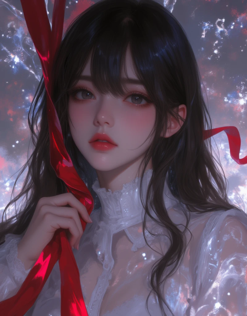 anime girl with long black hair and white shirt holding a red ribbon, hinata hyuga, she has black hair with bangs, junko enoshima, iwakura lain, shikamimi, shirabii, an anime drawing inspired by Miwa Komatsu, tumblr, a-1 pictures, rei hiroe, kimi takemura, as an anime character, abstract