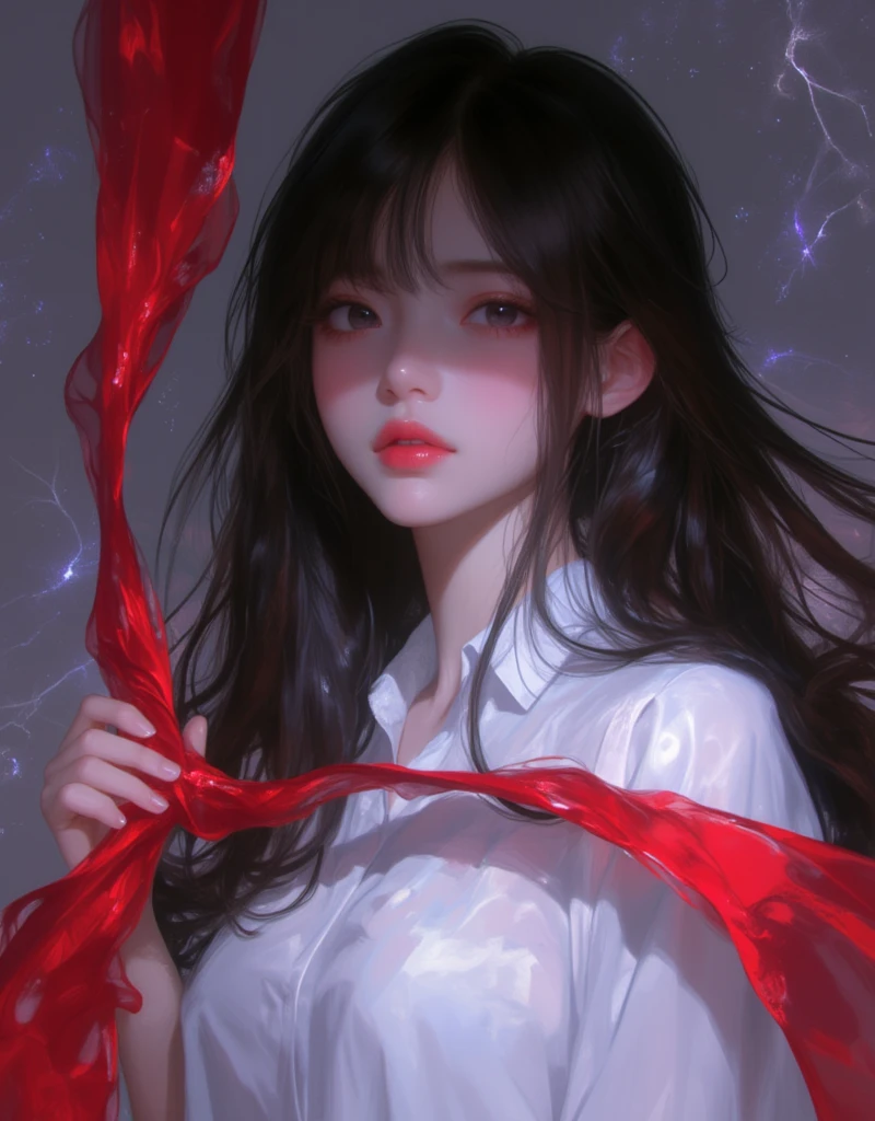 anime girl with long black hair and white shirt holding a red ribbon, hinata hyuga, she has black hair with bangs, junko enoshima, iwakura lain, shikamimi, shirabii, an anime drawing inspired by Miwa Komatsu, tumblr, a-1 pictures, rei hiroe, kimi takemura, as an anime character, abstract