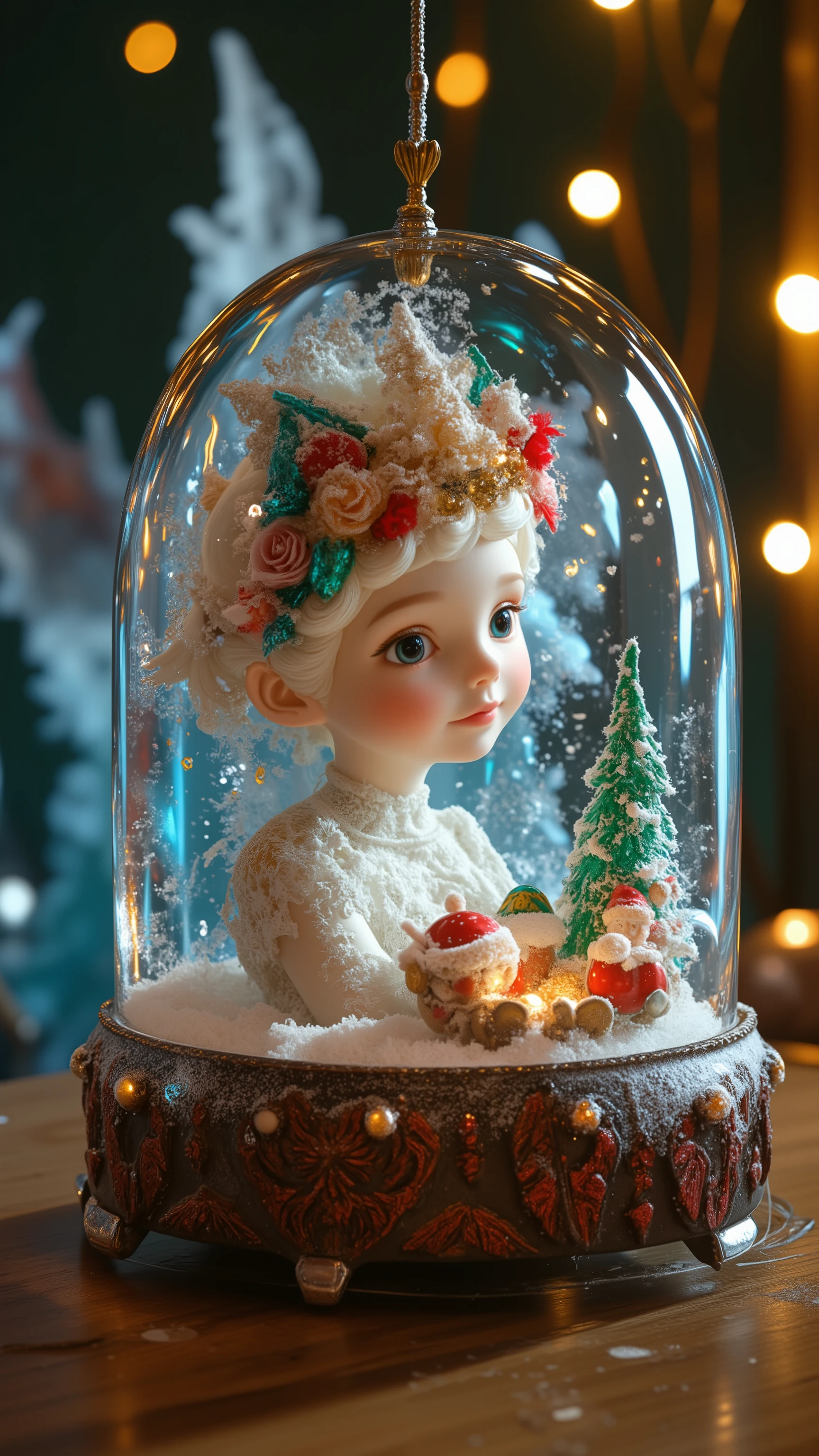 christmas tree toy, transparent glass ball, fantasy, realistic tinker bell full high inside, new year, stiletto, snow-white face, clear facial features, realism, intricate details, natural lighting, colorful, professional photo, ultra sharp