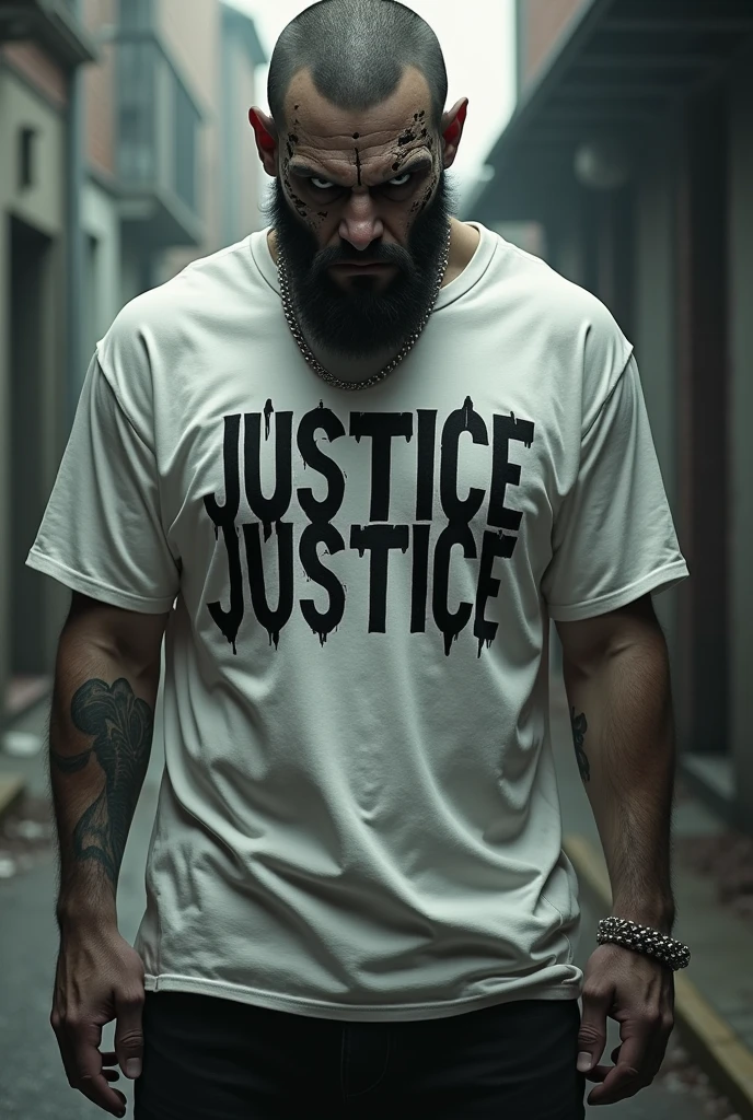 (　ＪＵＳＴＩＣＥ　A gang man with heinous physiognomy wearing a white Ｔ shirt written in black）