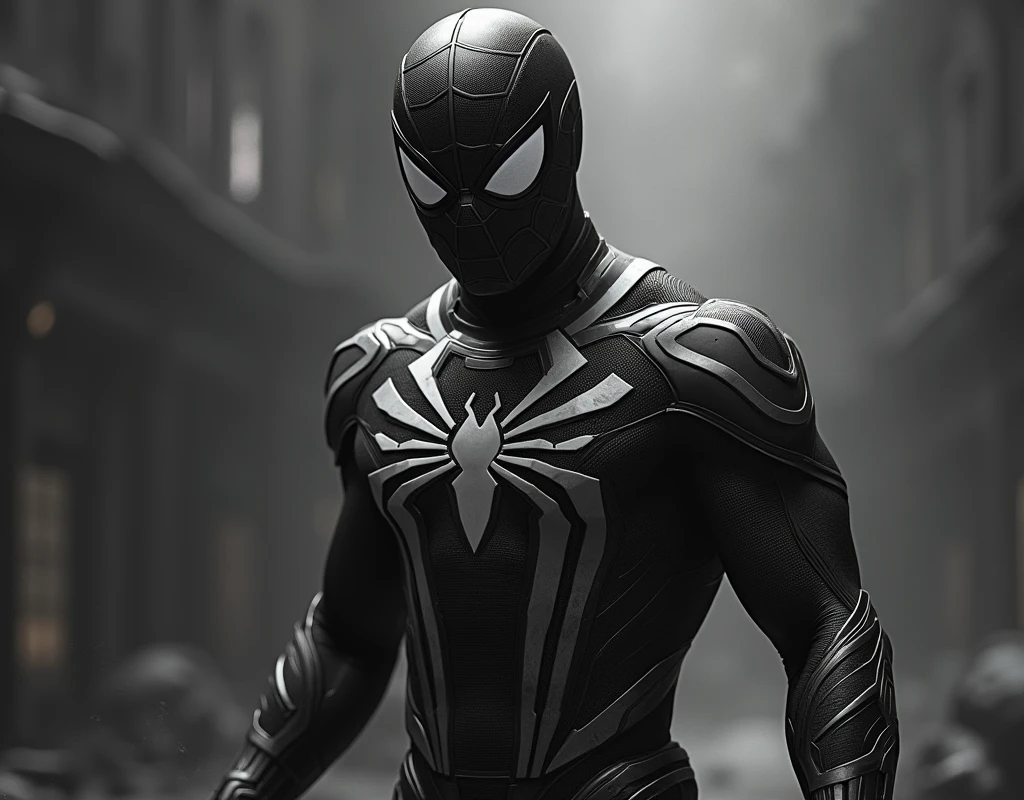 Spider-Black,a Spider-Man in a black and white uniform,night background.
