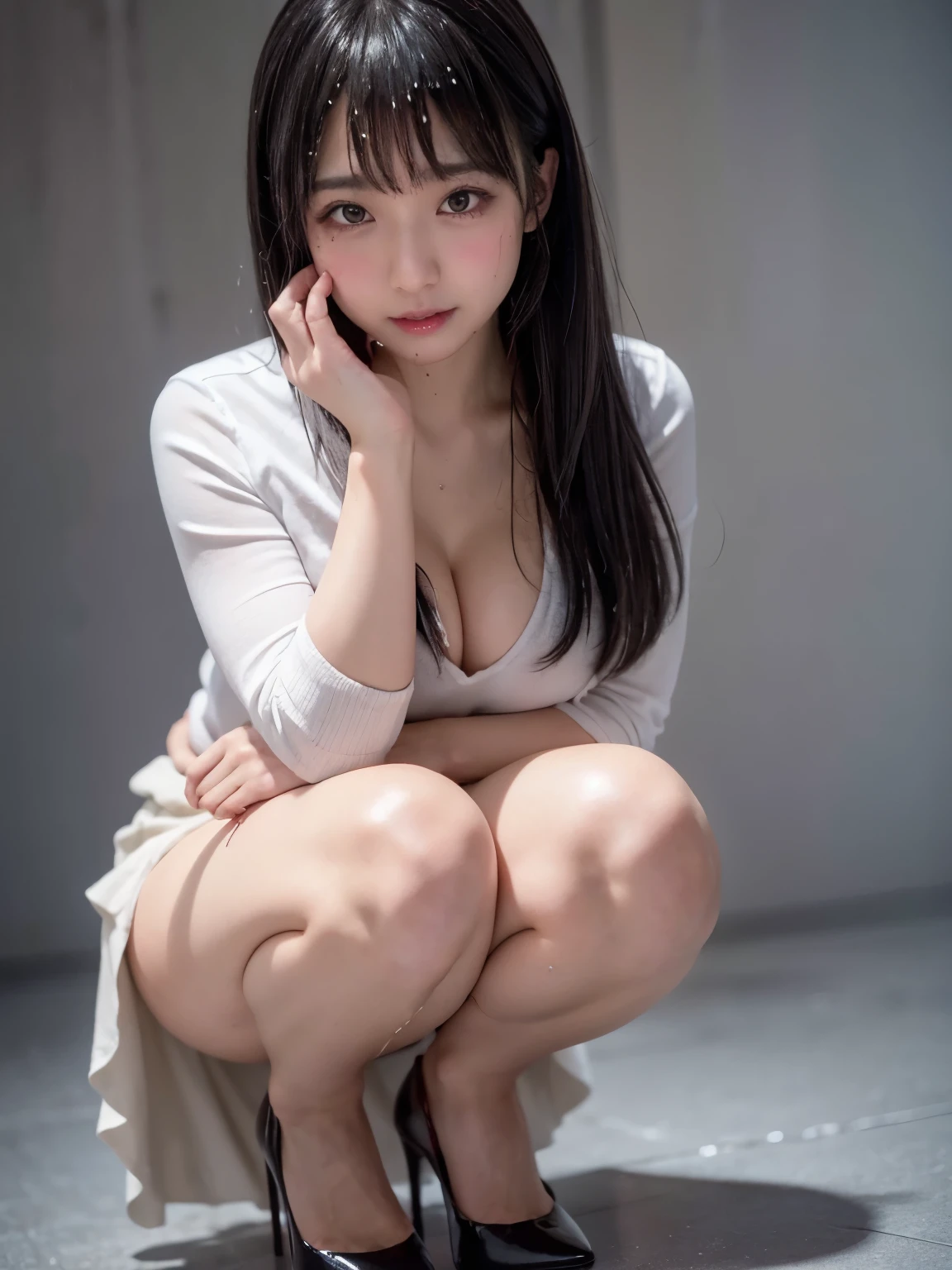 Arafed Asian girl, double eyelid, well designed hands, perfect legs, oppened legs, black high heels, gray hair, big ass, white shirt, plissed gray skirt, (the pubic area is visible), ((dripping menstrual blood)), squat, bottom view, 