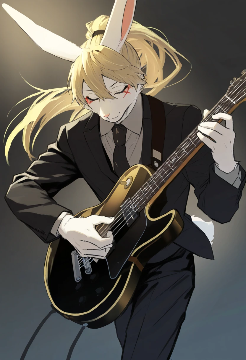 1boy, (furry, kemono:1.3), rabbit girl, animal nose, rabbit ears, rabbit tail, blonde, closed eyes, long hair, ponytail, slacks, tie, shirt, jacket, formal, suit, collared shirt, jacket, instrument, guitar, music, holding instrument, playing instrument, electric guitar, repellent, solo, facing viewer, holding, legs out of frame, black slacks, black jacket, eye makeup, mouth closed, black pantyhose, holding a repellent, holding, masterpiece, best quality, very aesthetic, absurdres