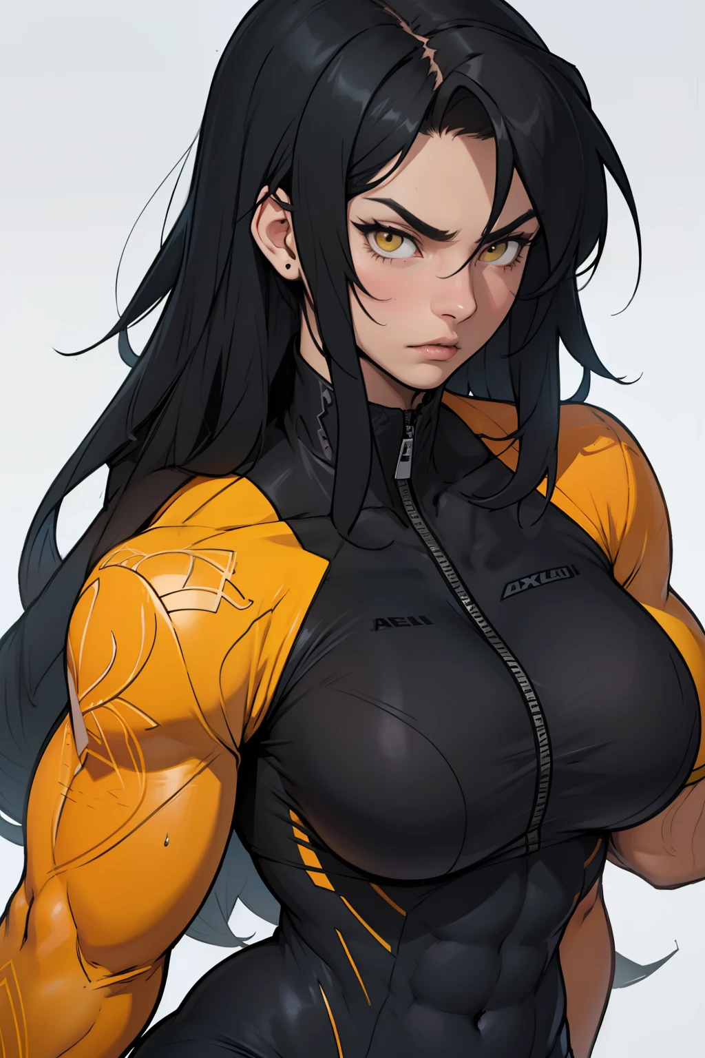 pale skin solo 1girl black hair yellow eyes angry very long hair huge tits bodybuilder