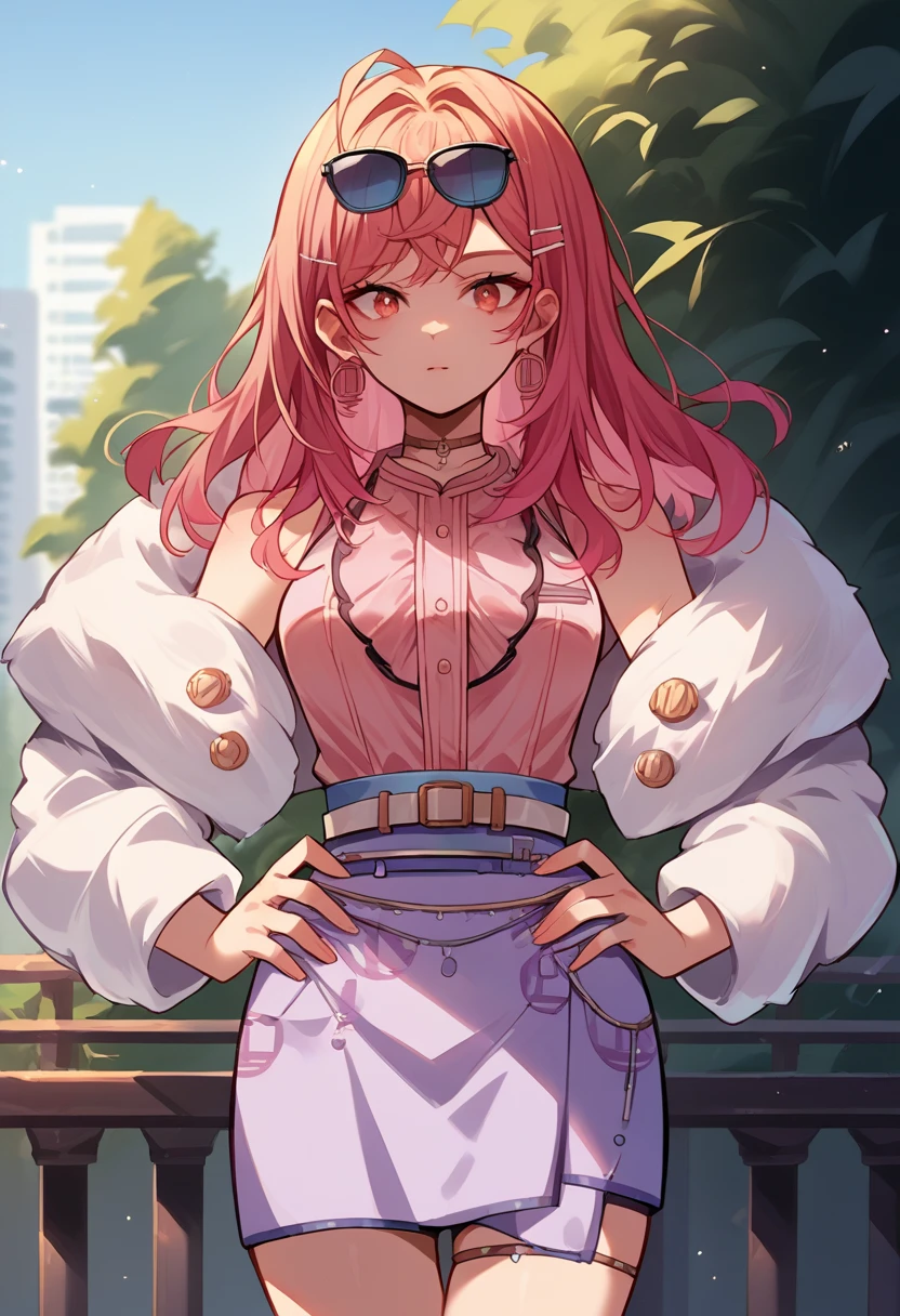 score_9, score_8_ up,  Source_Anime,  One girl , Alone, ,  long hair, hair clip,  sunglasses on the head,  choker ,  sleeveless shirt that grabs a girl's waist,  pink shirt with knee , belt,  skirt,  white jacket,  Fur Jackets ,  cropped jacket,  outdoor,  Hands on Hips , 