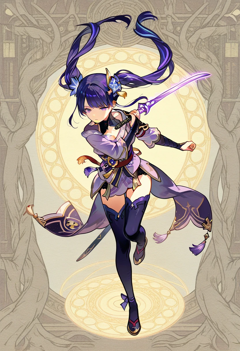 1raiden, Final Fantasy Tactics style, Watercolor shading, hand-painted texture, dynamic pose, twin tails with flowing ribbons, detailed raiden uniform, thigh-high stockings with golden patterns, massive purple ornate katana with glowing highlights, intricate and fantasy-inspired weapon design, muted and soft color palette, medieval fantasy aesthetic, fine line art with delicate shading, parchment-style background, detailed rendering with visible brush strokes, fantasy illustration with a nostalgic and classic RPG vibe
