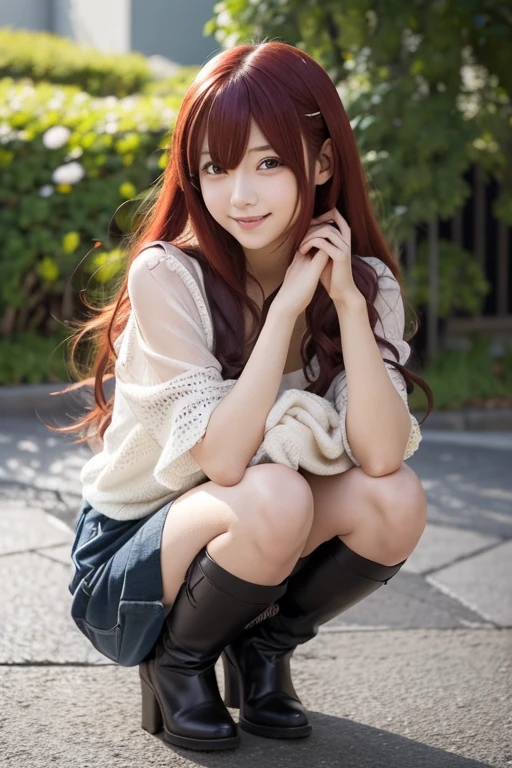 公園のベンチに足を組んで座っている赤い髪の cosplayをしたモデルの女性、 anime girl  cosplay, anime  cosplay,   cosplay photo, Has long red hair,  cosplay,  anime girl with long red hair crouching  ,   anime girl  ,  looking at camera、 Detailed Beautiful Eyes 、 cute smile、 a soft and gentle expression 