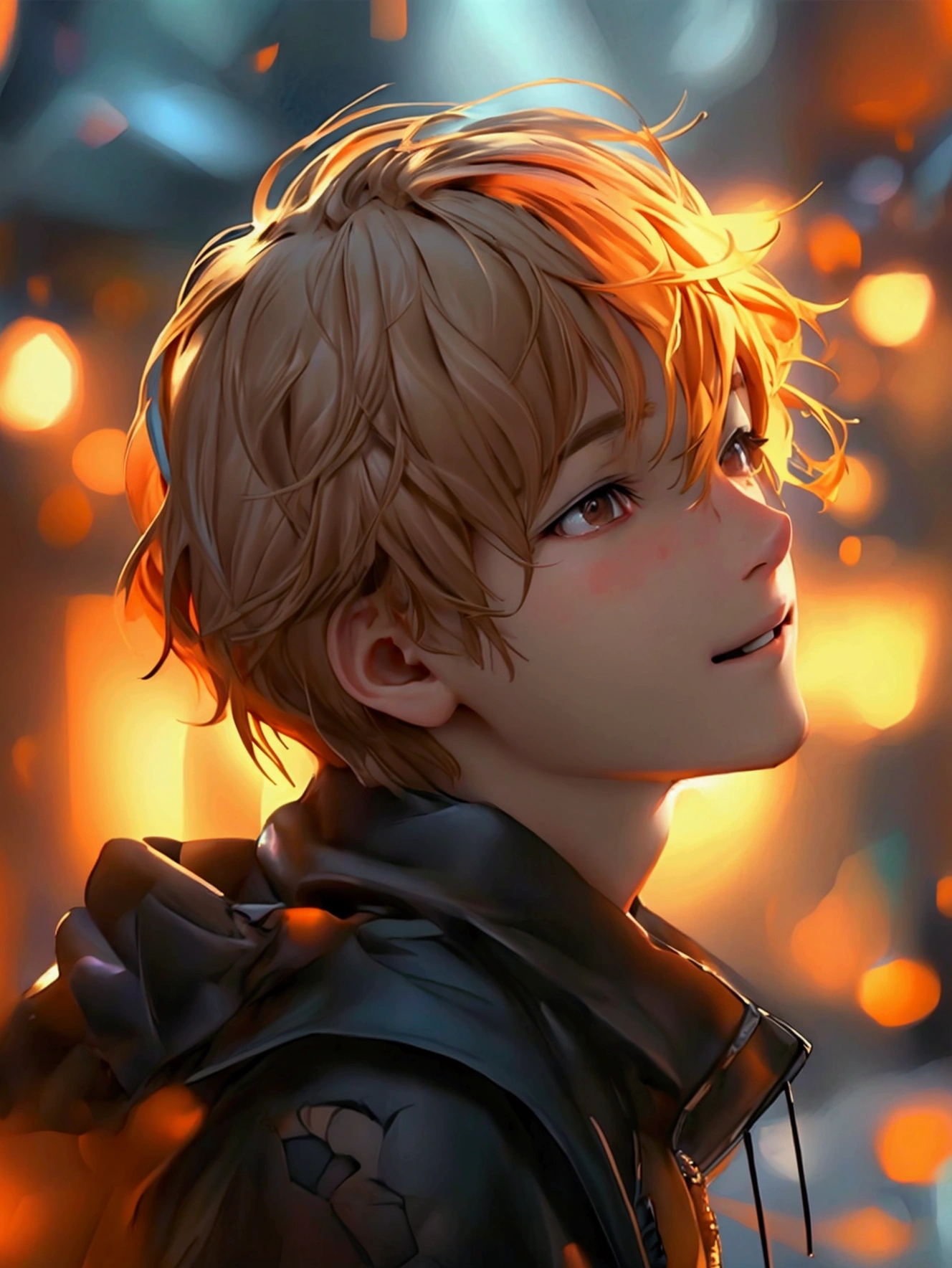 (Very realistic, concentrate、High resolution, Detailed face, Detailed Hair,fine grain)，Official Art，8k wallpaper，figure，((One boy)), Shorthair with light brown hair、Light brown eyes、smile, Trendy clothing，sneakers，whole body，Hands hang down naturally，orange hair 