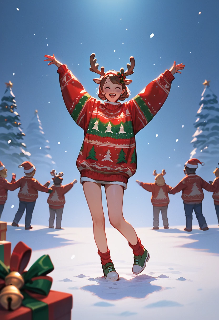 score_9, score_8_up, score_7_up, score_6_up, score_5_up, score_4_up, masterpiece, ultra-detailed, high resolution, detailed background, depth of field
christmas_sweater, Santa girl and reindeer, dancing, jingle bells twist,:D, snowy,