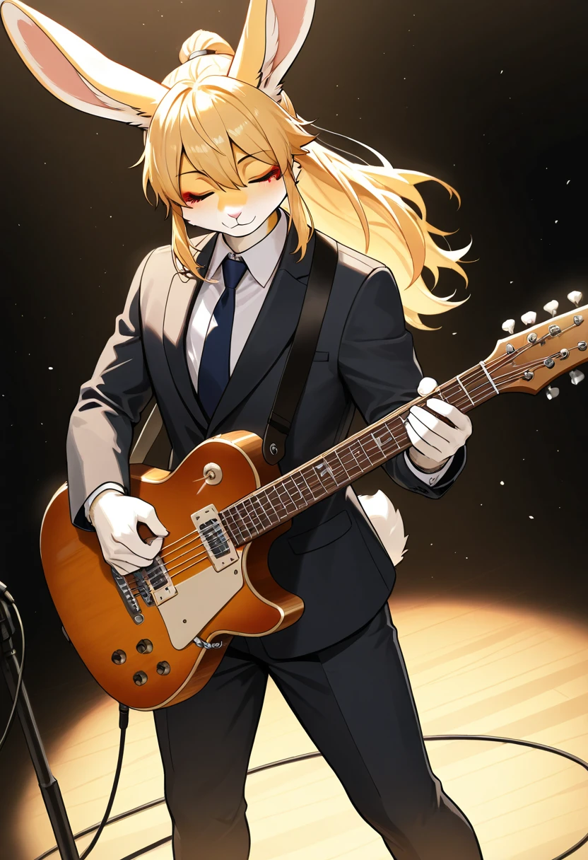 1boy, (furry, kemono:1.3), rabbit girl, animal nose, rabbit ears, rabbit tail, blonde, closed eyes, long hair, ponytail, slacks, tie, shirt, jacket, formal, suit, collared shirt, jacket, instrument, guitar, music, holding instrument, playing instrument, electric guitar, repellent, solo, facing viewer, holding, legs out of frame, black slacks, black jacket, eye makeup, mouth closed, black pantyhose, holding a repellent, holding, masterpiece, best quality, very aesthetic, absurdres