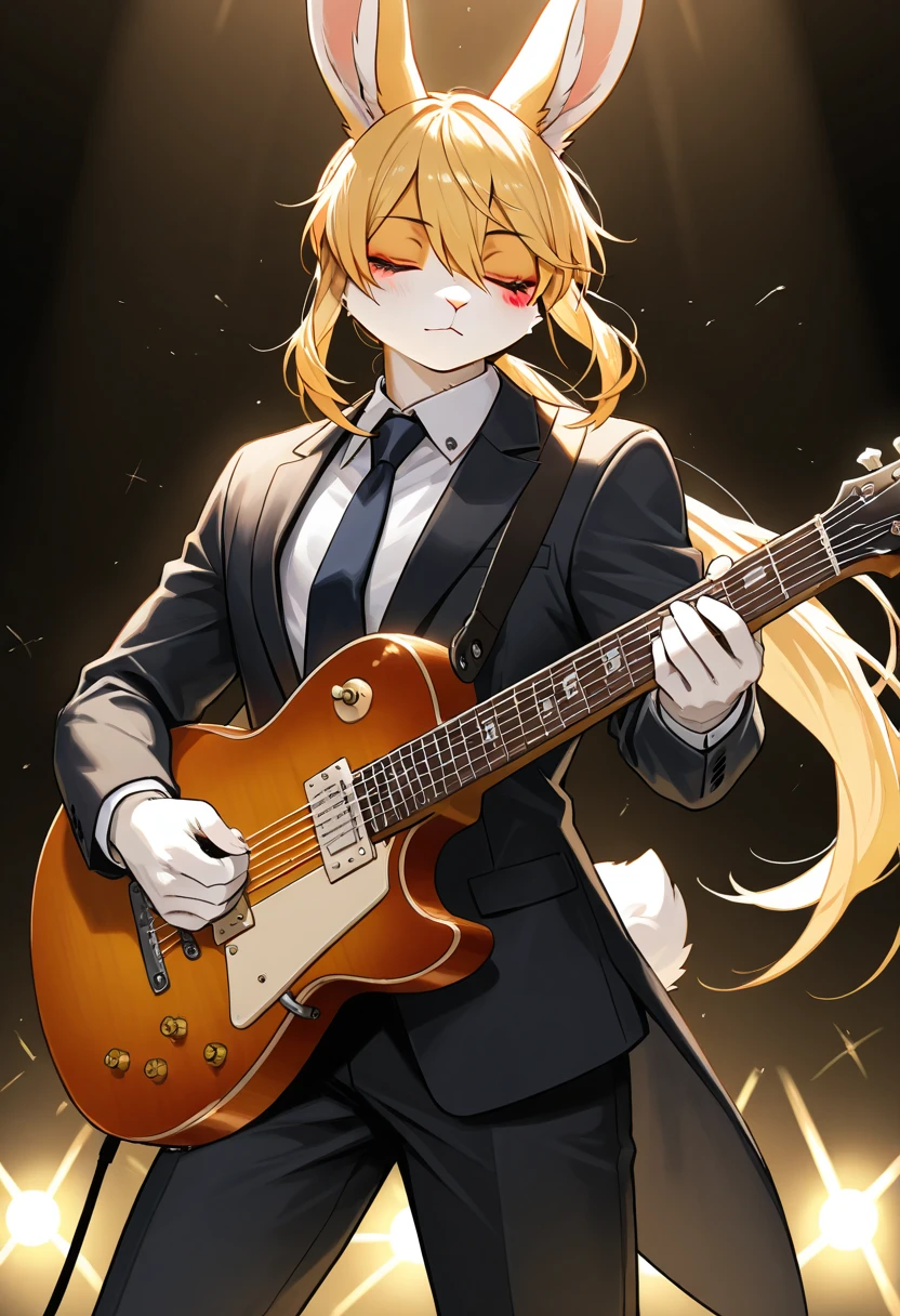 1boy, (furry, kemono:1.3), rabbit girl, animal nose, rabbit ears, rabbit tail, blonde, closed eyes, long hair, ponytail, slacks, tie, shirt, jacket, formal, suit, collared shirt, jacket, instrument, guitar, music, holding instrument, playing instrument, electric guitar, repellent, solo, facing viewer, holding, legs out of frame, black slacks, black jacket, eye makeup, mouth closed, black pantyhose, holding a repellent, holding, masterpiece, best quality, very aesthetic, absurdres