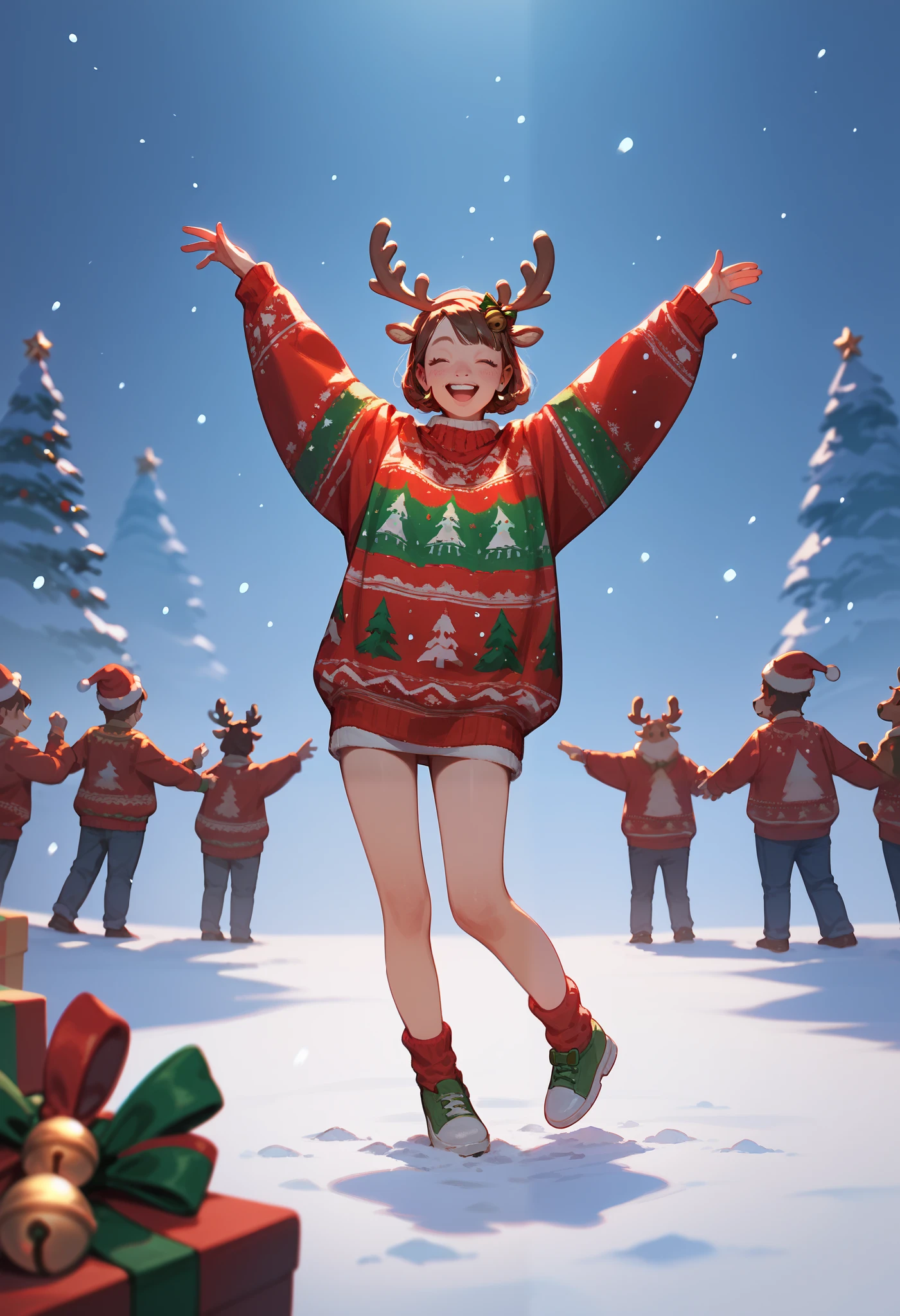 score_9, score_8_up, score_7_up, score_6_up, score_5_up, score_4_up, masterpiece, ultra-detailed, high resolution, detailed background, depth of field
christmas_sweater, Santa girl and reindeer, dancing, jingle bells twist,:D, snowy,