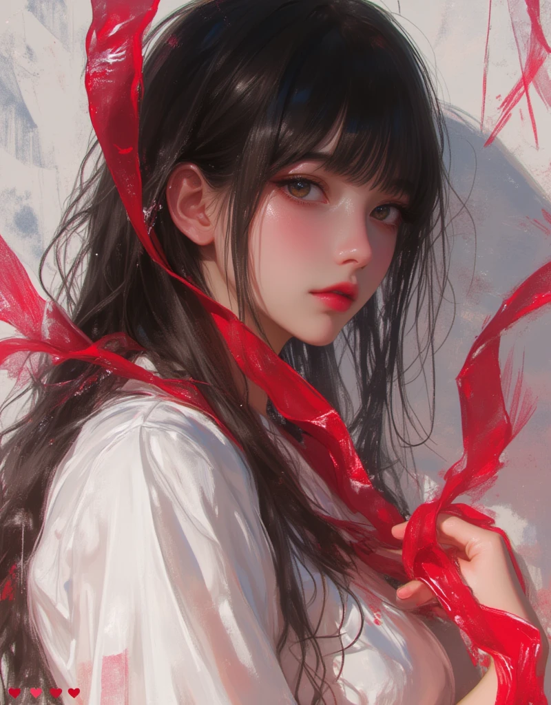 anime girl with long black hair and white shirt holding a red ribbon, hinata hyuga, she has black hair with bangs, junko enoshima, iwakura lain, shikamimi, shirabii, tumblr, Erotic vibes, a-1 pictures, rei hiroe, kimi takemura, as an anime character, abstract, Perspective