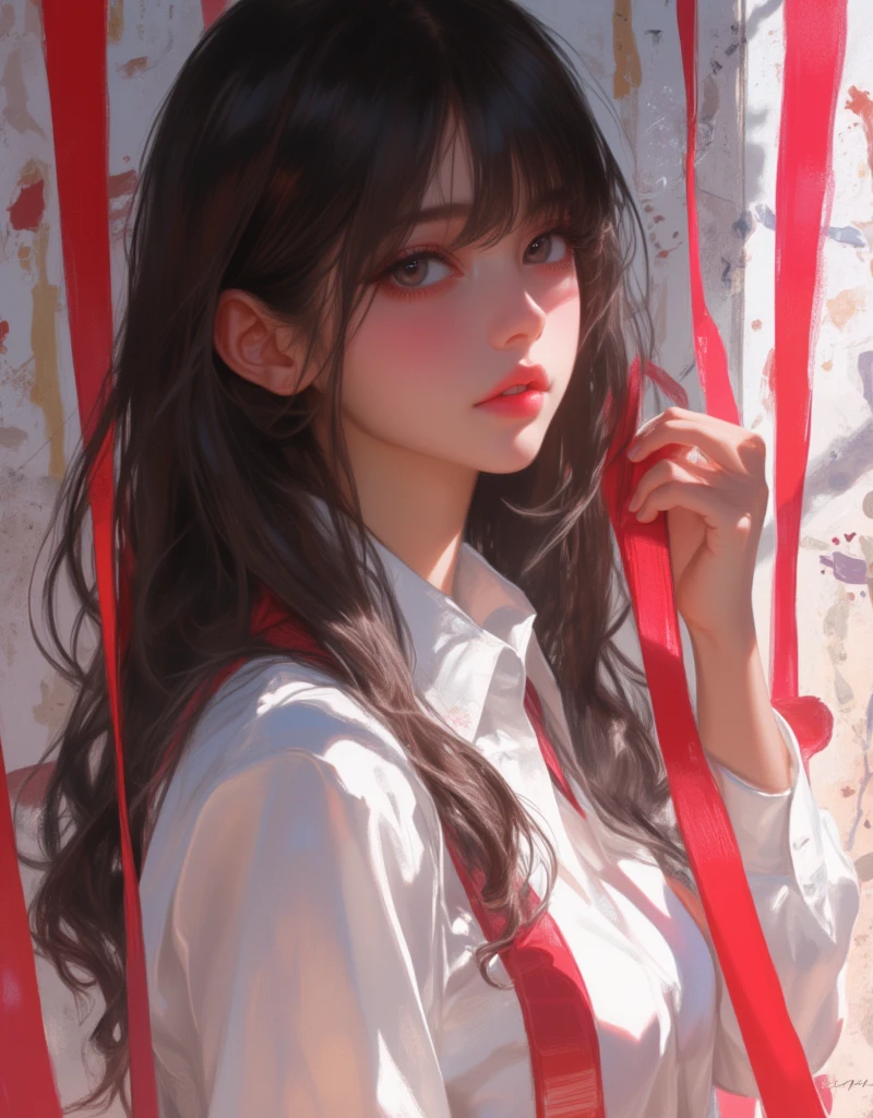 anime girl with long black hair and white shirt holding a red ribbon, hinata hyuga, she has black hair with bangs, junko enoshima, iwakura lain, shikamimi, shirabii, tumblr, Erotic vibes, a-1 pictures, rei hiroe, kimi takemura, as an anime character, abstract, Perspective