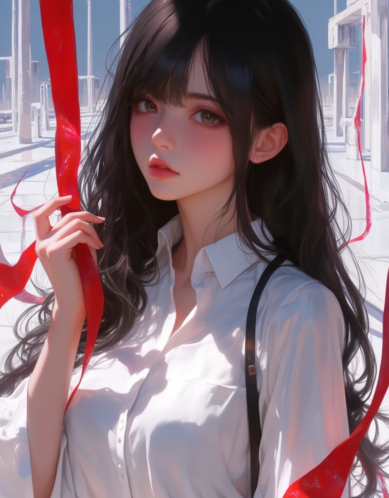 anime girl with long black hair and white shirt holding a red ribbon, hinata hyuga, she has black hair with bangs, junko enoshima, iwakura lain, shikamimi, shirabii, tumblr, Erotic vibes, a-1 pictures, rei hiroe, kimi takemura, as an anime character, abstract, Perspective