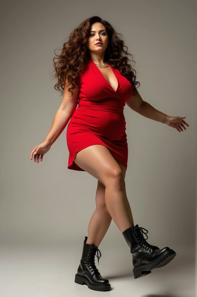Full body shot of a beautiful brunette Spanish female with a curvy body and large breasts and long legs, Andrea Martinez from Hitman, wearing a red low-cut v-neck plunge long sleeve blouse, wearong a short grey skirt wearing high heel shoes,