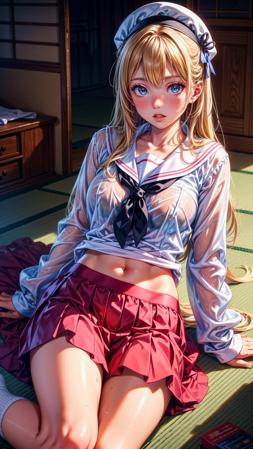 (  girl),(  very detailed目,  very detailed顔), ( realistic にสุดๆ,  high res ), (  top quality :1.4), (  top quality ), 5, Midea, 1人の girl,score_9, score_8_ up, score_7_ up,  real skin texture deep into the night,  RAW photos , ( realistic に,  realistic :1.37),  very detailed,  Pro Pictures , (masterpiece:1.3,  top quality ,  Ultra High Resolution ,  ultra More), ( realistic , photo realistic :1.4),  beautiful illustration ,  perfect lighting,  natural light,  depth of field , beautiful detailed hair,  beautiful detailed face , beautiful detailed eyes,  beautiful collarbone,  beautiful body ,  beautiful breasts ,  beautiful thighs,  beautiful legs,  look under her beautiful fingers,  viewers、,tissue paper scattered　Midnight, darkroom　Moonlit Room　Japanese tatami room,　lots of tissue paper scattered on the tatami,　rubbishが散乱している,　Very dirty room,　 very dirty bedding with yellowness in places ,　 very big breasts　Extremely distended breasts　 huge chest bulge 　Full-body composition　 dim room　  mature woman lying on a futon  　multiple sheets of tissue paper　rubbish　　cute long-sleeved sailor uniform with ruffles sewn into it　Thin frilled belly-length skirt　 illustration style　 Anime Style 　frown　 narrow mouth 　Small lips　Frightened face　resentful face　[Sleepy eyes　 peaked cap 　Very small build 　　美しい girl　Very cute clothes　Pink cheeks　 blonde long hair 　 mucus sticks to the whole body 　Super long sideburns　濡れて透けた see-throughの衣服　Wet and transparent sailor uniform　 headband　very long shocking pink silk skirt that is transparent when wet　pearl-like white silk tights that are transparent when wet　pearl-like white silk underwear that is transparent when wet　 metallic luster　lots of hot pink silk ribbons sewn into the clothes　  wet in the rain　ultra-long pearl white silk gloves that are transparent when wet　shocking pink silk pantyhose with fine embroidery that is transparent when wet　silk garter belt　Pathetic　 clear 　 big eyes　Droopy eyes　 stylish lingerie 　 super long white leather boots 　white silk bodysuit that is transparent when wet　 see-through　 clothes that are clear in the rain 　Clothes get wet with sweat and become transparent
