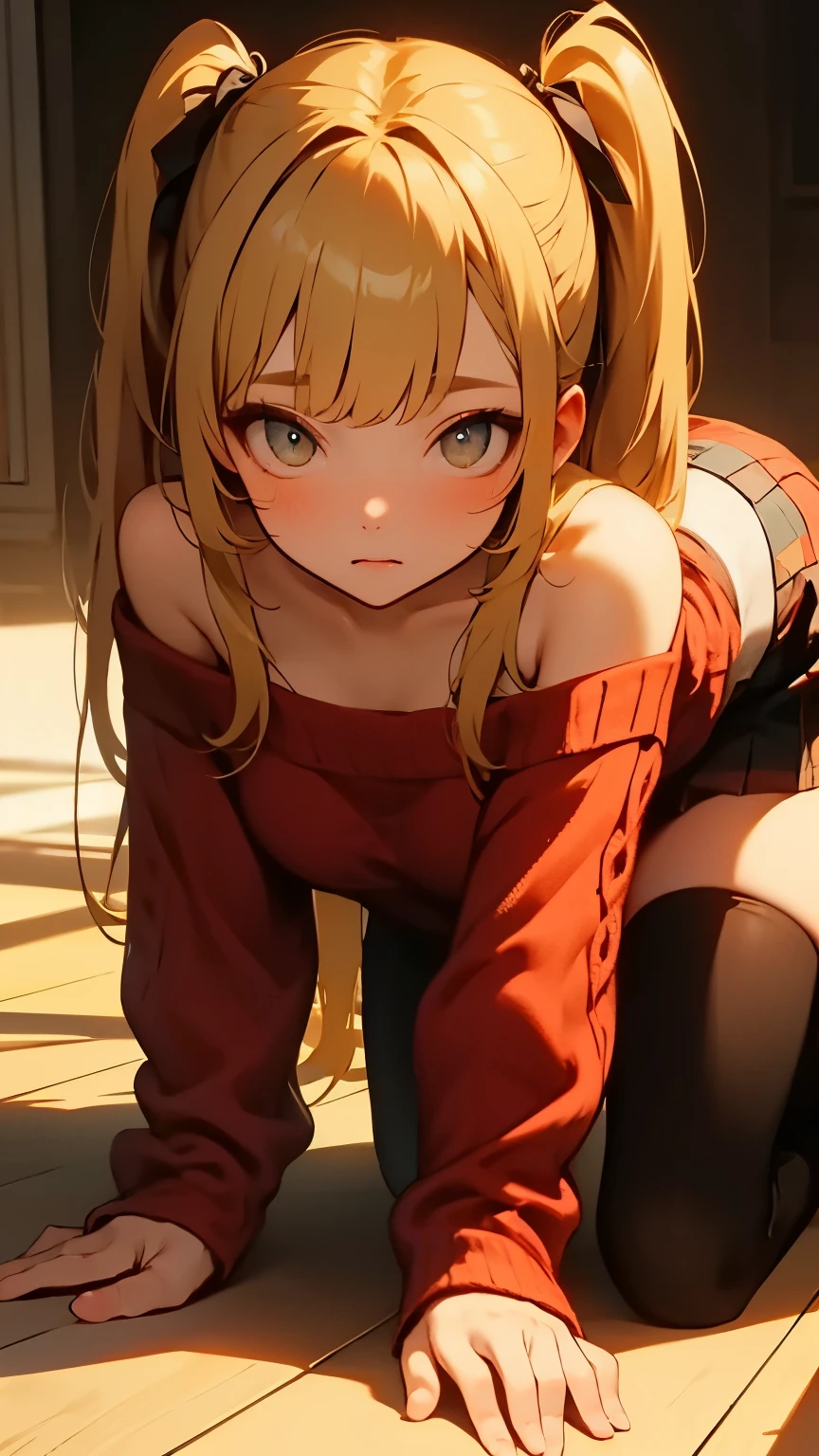 Blonde twin tails, off-shoulder knit, tight knit skirt, on all fours