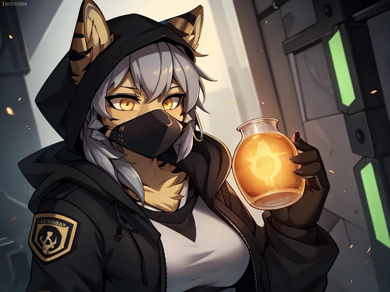 женщина anthro furry tiger wolf ,absurdity,  High definition,  ultra-detailed, 1 girl,oversized jacket with hood,whole body,  original character,girl, grey hair, yellow eyes ,shoulder length hair,  complex black mask, military general, { better quality }}, {{ masterpiece fails}}, {{ ultra-detailed}}, {illustration}, {Detailed light}, Nuclear fusion