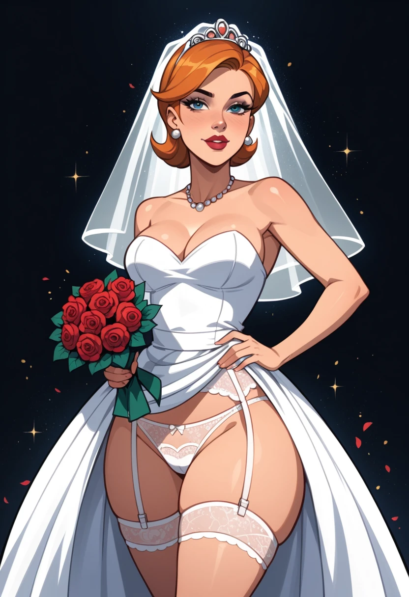 beautiful,  masterpiece ,  best quality, Lisa the ****sitter (Dexter's Laboratory),standing, (( hand on the hip and another hand holds a bouquet of black roses ))), very short black wedding dress , garter belt, dark bride , thick thighs ,  Sensual Pose,  black background,  light particles float around  ,cartoon style, cartoon, masterpiece 