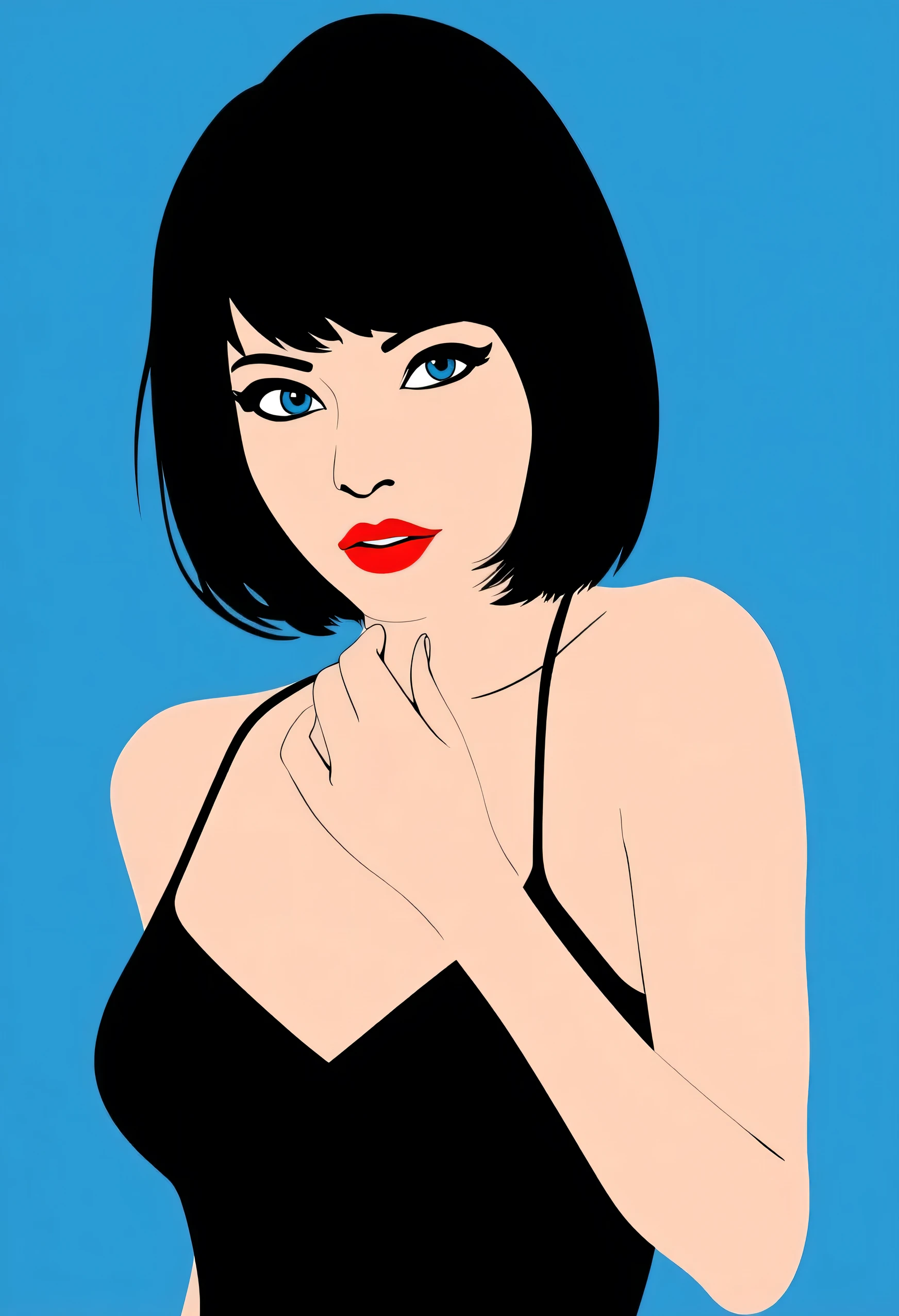 Aesthetically_Pleasant_Pose, 1Woman, Solo, Stencil, close up, A captivating simple Vector art of a black bob hair female wearing a sleeveless black spaghetti strap dress  with blue eyes, and a red lip, bare shoulders, blue background. Standing up, it’s a very minimalist simple vector illustration with minimal colors, upper body, looking at viewers
