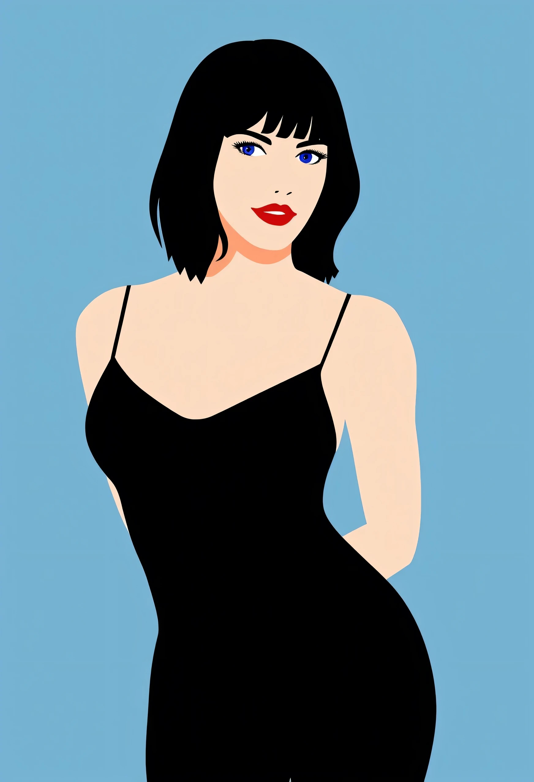 Aesthetically_Pleasant_Pose, 1Woman, Solo, Stencil, close up, A captivating simple Vector art of a black bob hair female wearing a sleeveless black spaghetti strap dress with blue eyes, and a red lip, bare shoulders, blue background. Standing up, it’s a very minimalist simple vector illustration with minimal colors, upper body, looking at viewers