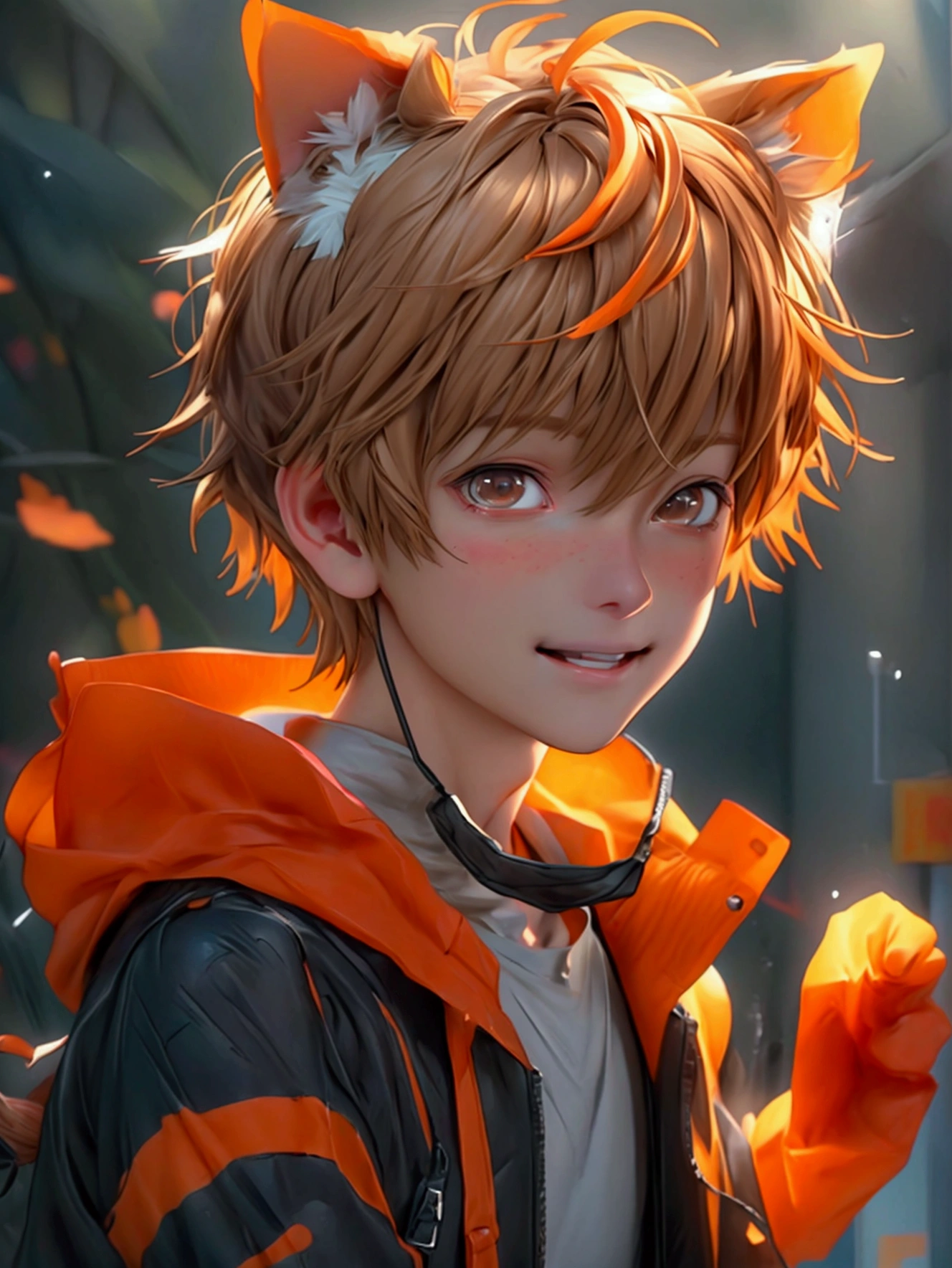 (Very realistic, concentrate、High resolution, Detailed face, Detailed Hair,fine grain)，Official Art，8k wallpaper，figure，((One boy)), Shorthair with light brown hair、Light brown eyes、smile, Trendy clothing，sneakers，whole body，orange hair , paw pose