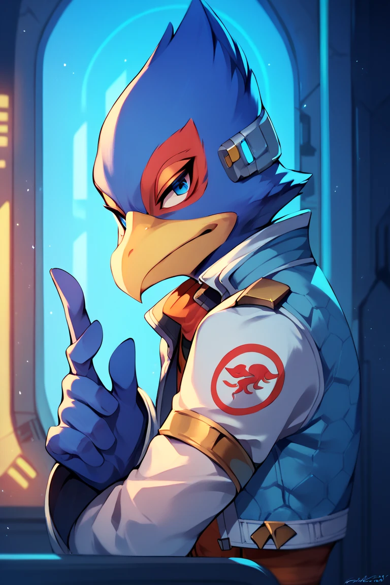 score_9, score_8_up, score_7_up, score_6_up, 1boy, solo, Falco lombardi, inside blue spaceship, Fine facial expression, light blue eyes, jealous, sulking, fold one's arms, from side, highres, blue light,