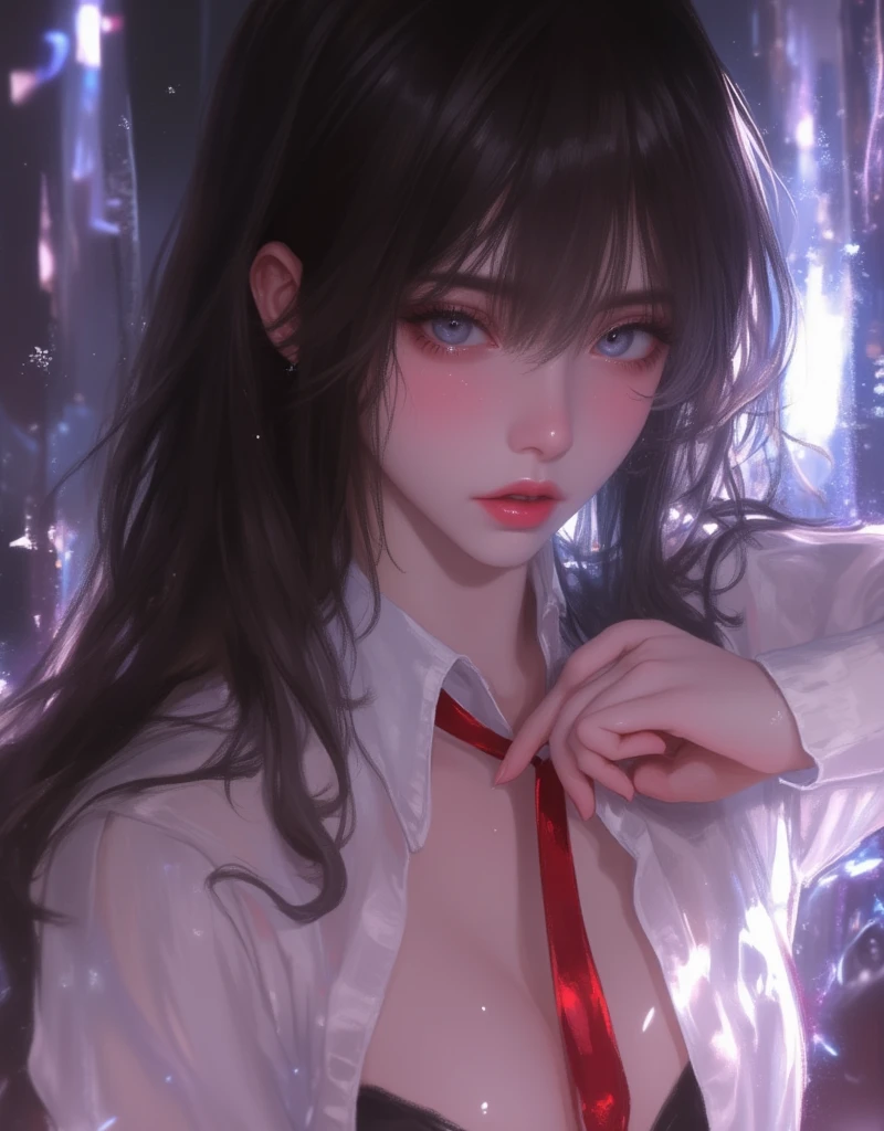 anime girl with long black hair and white shirt with a slight opening in the front, holding a red ribbon tie, hinata hyuga, she has black hair with bangs, junko enoshima, iwakura lain, shikamimi, shirabii, tumblr, Dreamy, Erotic vibes, a-1 pictures, rei hiroe, kimi takemura, as an anime character, abstract, Perspective