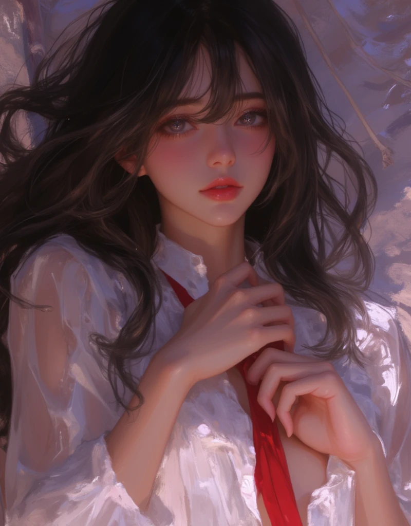 anime girl with long black hair and white shirt with a slight opening in the front, holding a red ribbon tie, hinata hyuga, she has black hair with bangs, junko enoshima, iwakura lain, shikamimi, shirabii, tumblr, Dreamy, Erotic vibes, a-1 pictures, rei hiroe, kimi takemura, as an anime character, abstract, Perspective