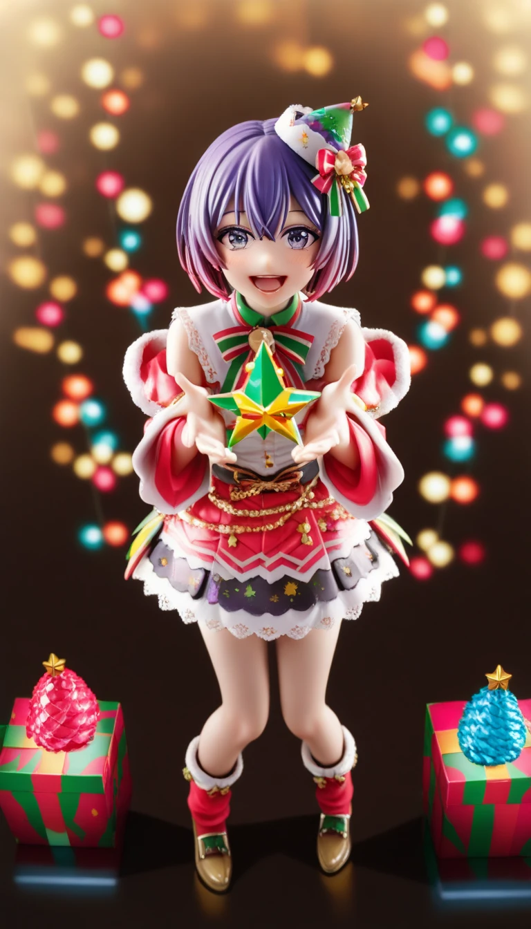 photorealistic, full body,kawaii japanese woman, japanese idol, cute Knit,colorful open chest , He is holding a box with Christmas presents in both hands,reaching out dynamically, surrounded by STAR, wearing mini lace pointed hat, detailed costume, dark and colorful setting , kawaii Christmas decorations, vibrant colors, soft lighting, from above, kawaii,
