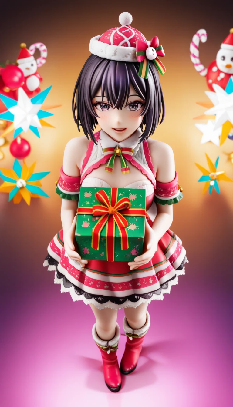 photorealistic, full body,kawaii japanese woman, japanese idol, cute Knit,colorful open chest , He is holding a box with Christmas presents in both hands,reaching out dynamically, surrounded by STAR, wearing mini lace pointed hat, detailed costume, dark and colorful setting , kawaii Christmas decorations, vibrant colors, soft lighting, from above, kawaii,
