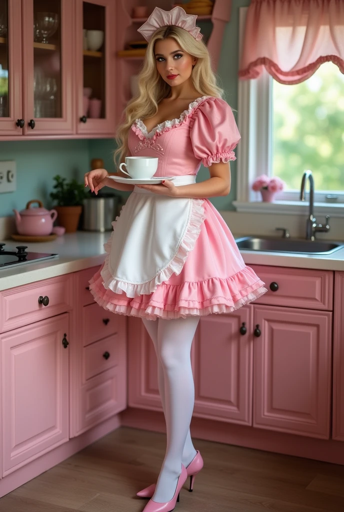 glamorous.Pink pansy maid in kitchen serving coffee on a tray, frilly pink outfit, white apron, lots of makeup, pink kitten heel shoes, long blonde hair, slender body type, no facial hair, white tights, cute smile. full body shot. high fashion, luxurious, extravagant, stylish, sensual, opulent, elegance, stunning beauty, professional, high contrast, detailed
