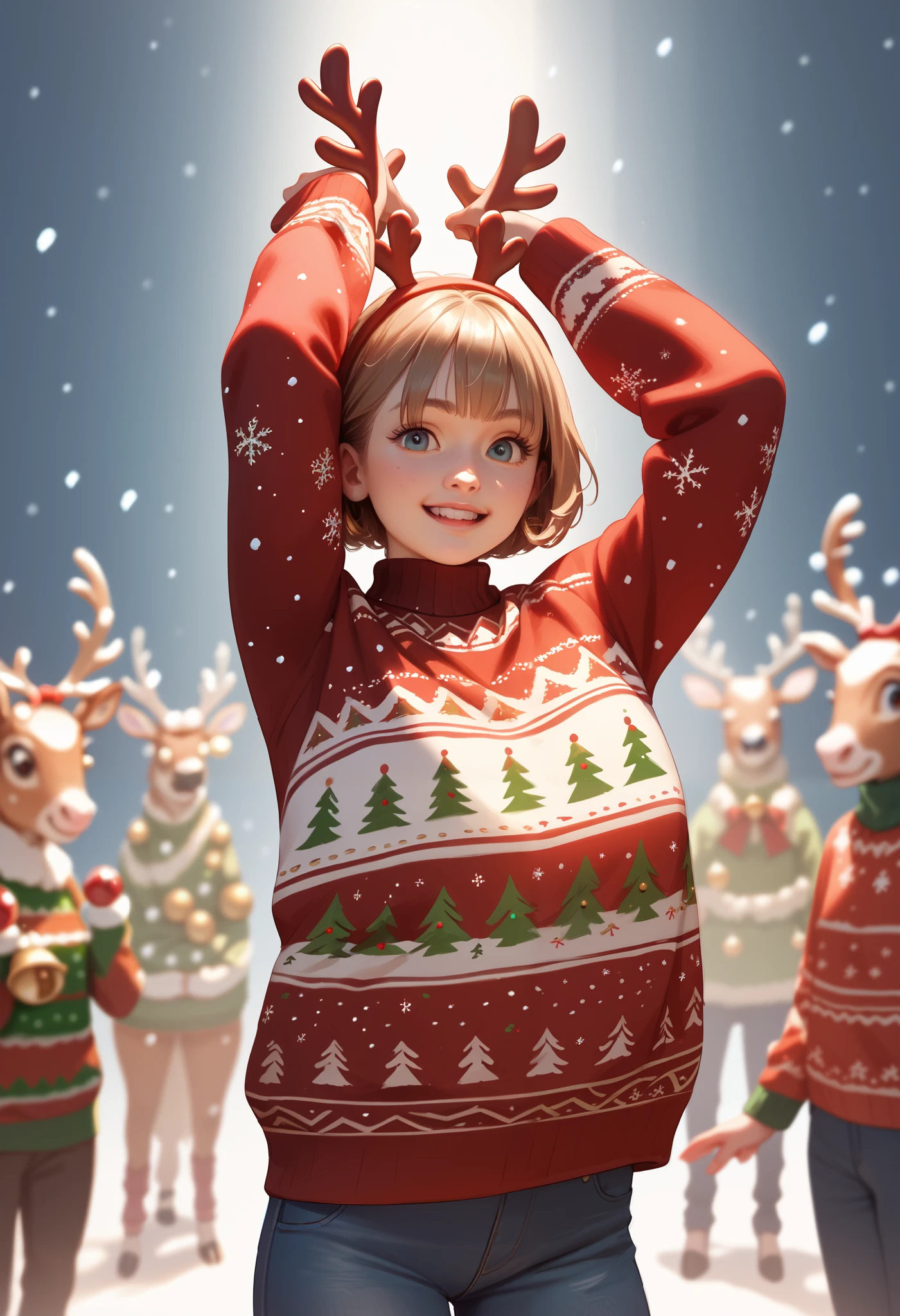 score_9, score_8_up, score_7_up, score_6_up, score_5_up, score_4_up, masterpiece, ultra-detailed, high resolution, detailed background, depth of field
christmas_sweater, Santa girl and reindeer, dancing, jingle bells twist,:D, snowy,