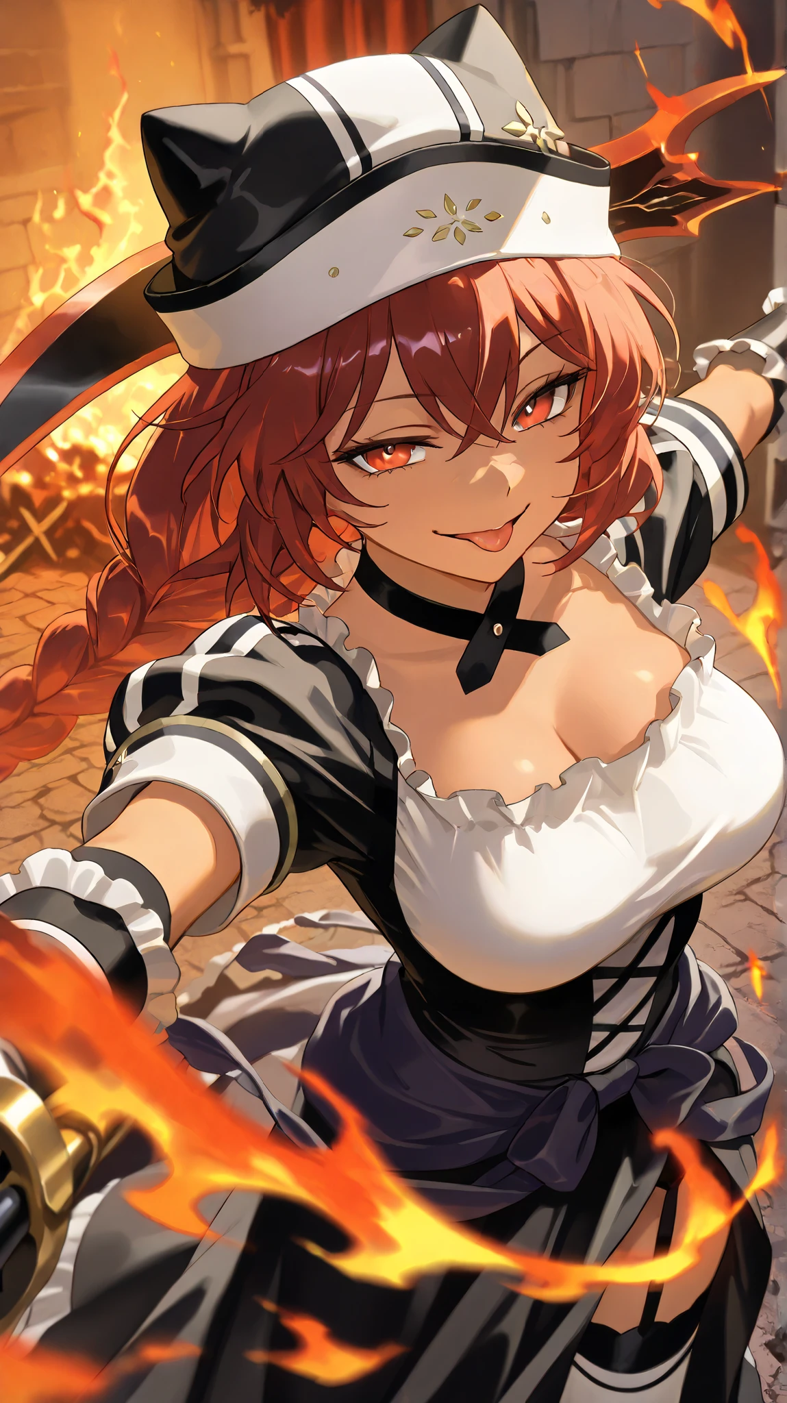   8k Ultra HD,  High Quality ,  film grain,  Fujifilm XT3、最 High Quality , masterpiece,  high res, anime picture ,2D,Detailed faces
red eyes,  red hair,  braids,,  wearing a black beast ear hat,weapon like a big battle axe ( Weapon with a Large, Cross-shaped Blade )A weapon like a , One girl , Alone, Dark Skin, brown skin, adult woman, Beautiful Women,Beauty, sadist,Model body type
nights, Abandoned Castle Burning Violently Behind Her ,fire, she is standing in a burnt abandoned castle , her surroundings are burning violently ,The whole area is a sea of fire , she is standing in the sea of fire ,Burning Wall , Burning Curtains , Burning Chair , Burning Floor ,Burning Abandoned Castle , She's Burning the Abandoned Castle Violently,
 black maid clothes, short sleeve/gauntlet,  white knee-high ,  choker , Black Long Skirt
Spread your arms wide from side to side,
 close-up, from your hand and direct your gaze, Medium build,accurate,  high detail,  wins numerous awards,  slightly larger breasts, Garter Belt Under Her Long Skirt ,
 angle from above, high angle,She's in front of the viewer ,She's right next to the viewer ,
 open her mouth ,  seductive smile, upper body only, clavicle ,tongue, naughty face ,smile, crazy smile with food,ecstatic expression
Scenes during the battle