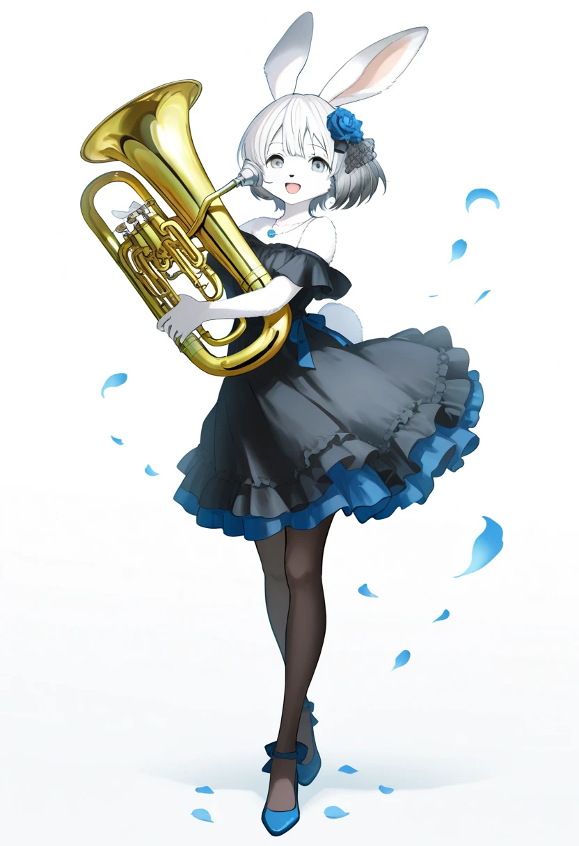 1girl, (furry, kemono:1.3), rabbit girl, animal nose, rabbit ears, rabbit tail, short hair, open mouth, bare shoulders, grey hair, :d, white hair, grey eyes, dress, pantyhose, black dress, necklace, hair ornament, shoes, frills, frilled dress, off-shoulder dress, looking at viewer, standing, instrument, holding instrument, flower, petals, bow, solo, euphonium, (holding euphonium), full body, white background, simple background, smile, blue footwear, jewelry, masterpiece, best quality, very aesthetic, absurdres