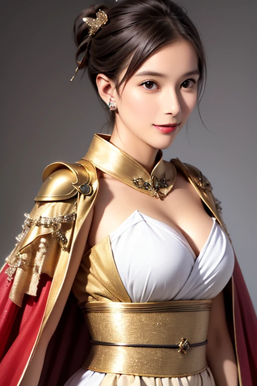 ((The upper body of a female warrior wearing gold and red armor and a cloak:1.4)),1 person,  black hair,  belly shortcut   ,Big breasts and cleavage,  high-definition face and skin texture  ,  staring at the camera,   Chinese Warrior:1.2,  perfect beauty: 1.4, fine grain,  double eyelids in a judo suit ,  whitening for women with bristles, top quality ,  super high res ,  simple background，Symmetrical Normal Eyes   , hair accessories, Slim Waist ,