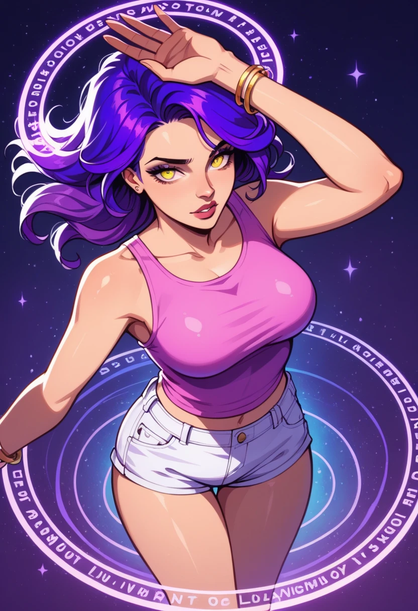  view above,  Cartoon of a girl   , Alone, Sensual, scoundrel,   yellow eyes , (((  long and luminous purple hair , very bulky )), bracelets,  wearing only pink tank top , tight white short shorts ,exposed thighs ),medium breast, sorriso scoundrel, Surrounding luminosity , open arms controlling a luminous circle above the head,magic, light in the eyes,angle , perfect anatomy 
