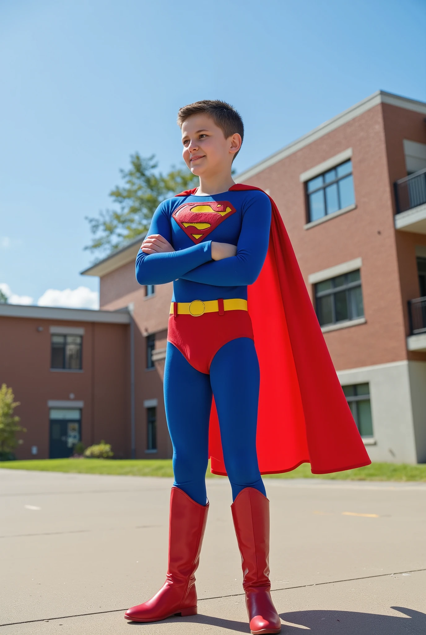 Superman live action (Nice Boy Scout Personality),Homemade costume in medium blue normal fabric,Red shorts over the blue suit