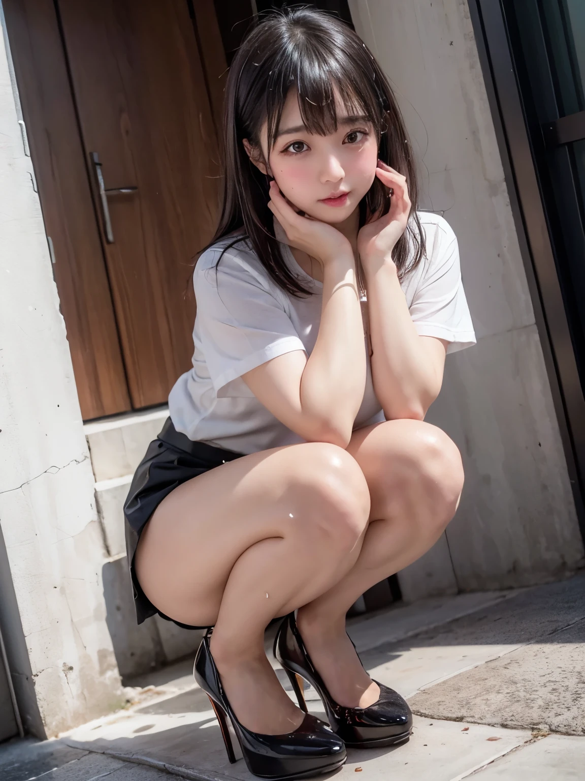 Arafed Asian girl, double eyelid, well designed hands, perfect legs, oppened legs, black high heels, gray hair, big ass, white shirt, plissed gray skirt, (the pubic area is visible), ((dripping menstrual blood)), squat, bottom view, 