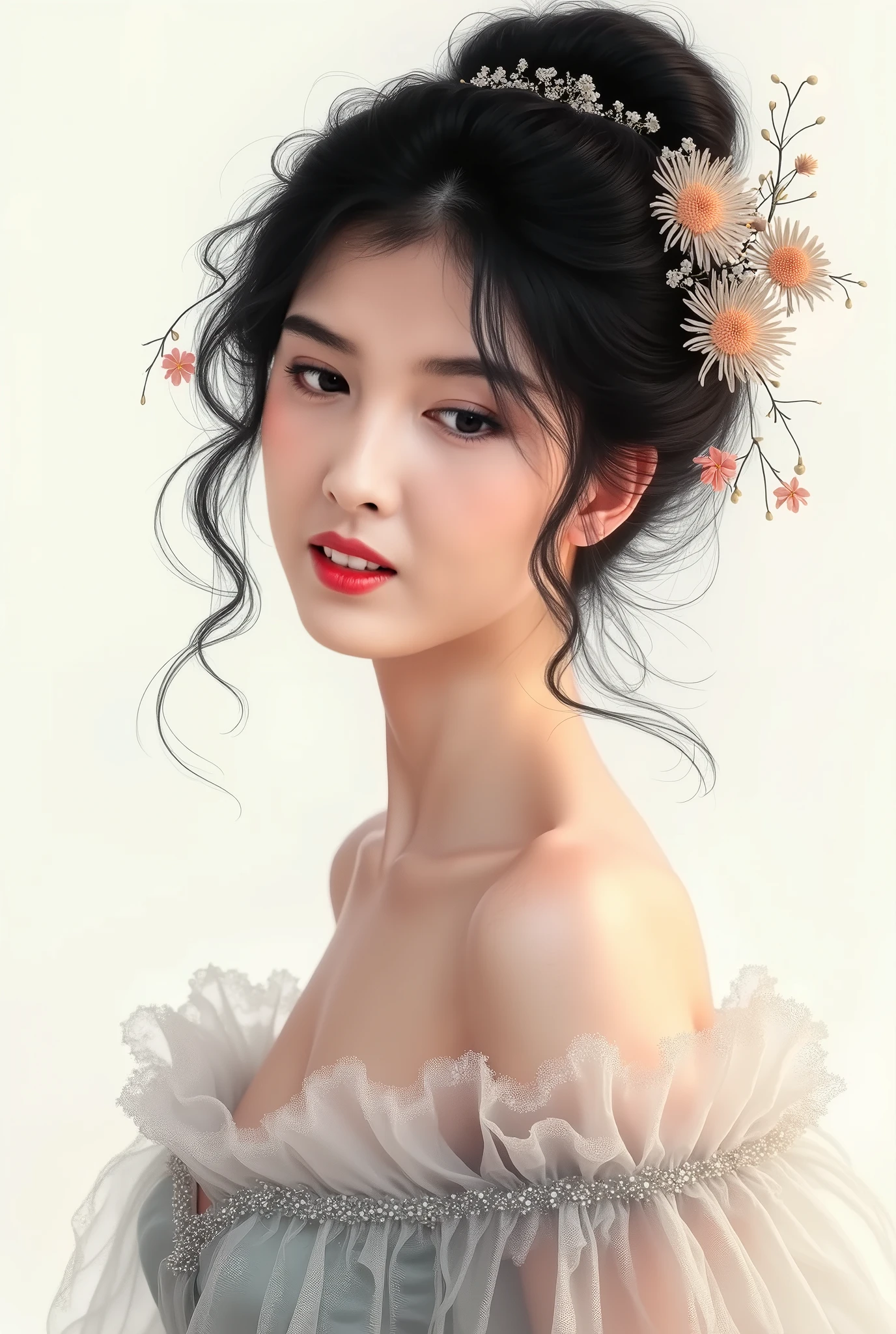 /I A Chinese beauty wearing an off-the-shoulder cheongsam, red lipstick on her lips, black hair in an updo style with bangs and tulle at the bottom, white background, half-length photo, fine details, illustrations, ink painting in the style of fantasy art super realistic oil painting in the style of beautiful woman